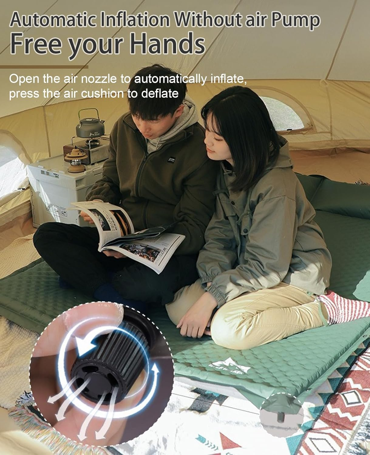 Double Sleeping Pad for Camping, 5CM Ultra-Thick Self Inflating Camping Pad with Pillow, Lightweight Camping Mattress Pad, Built-In Foot Pump, Portable Sleeping Mat for Hiking, Backpacking (Green) image number 3