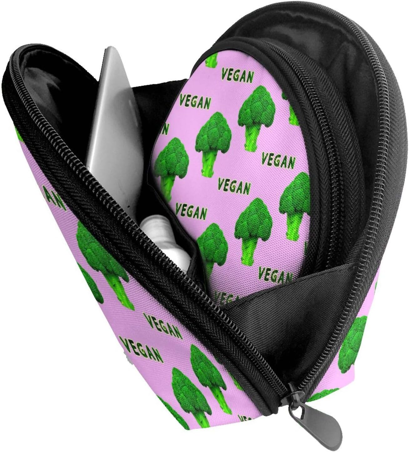 Cozimangoe Coin Pouch Makeup Bags Set, 2 Piece Shell Shape Cosmetic Bag with Pockets for Daily Travel Handbag Lipstick Keys Toiletry, Personalized Broccoli Vegan Green Pink image number 6