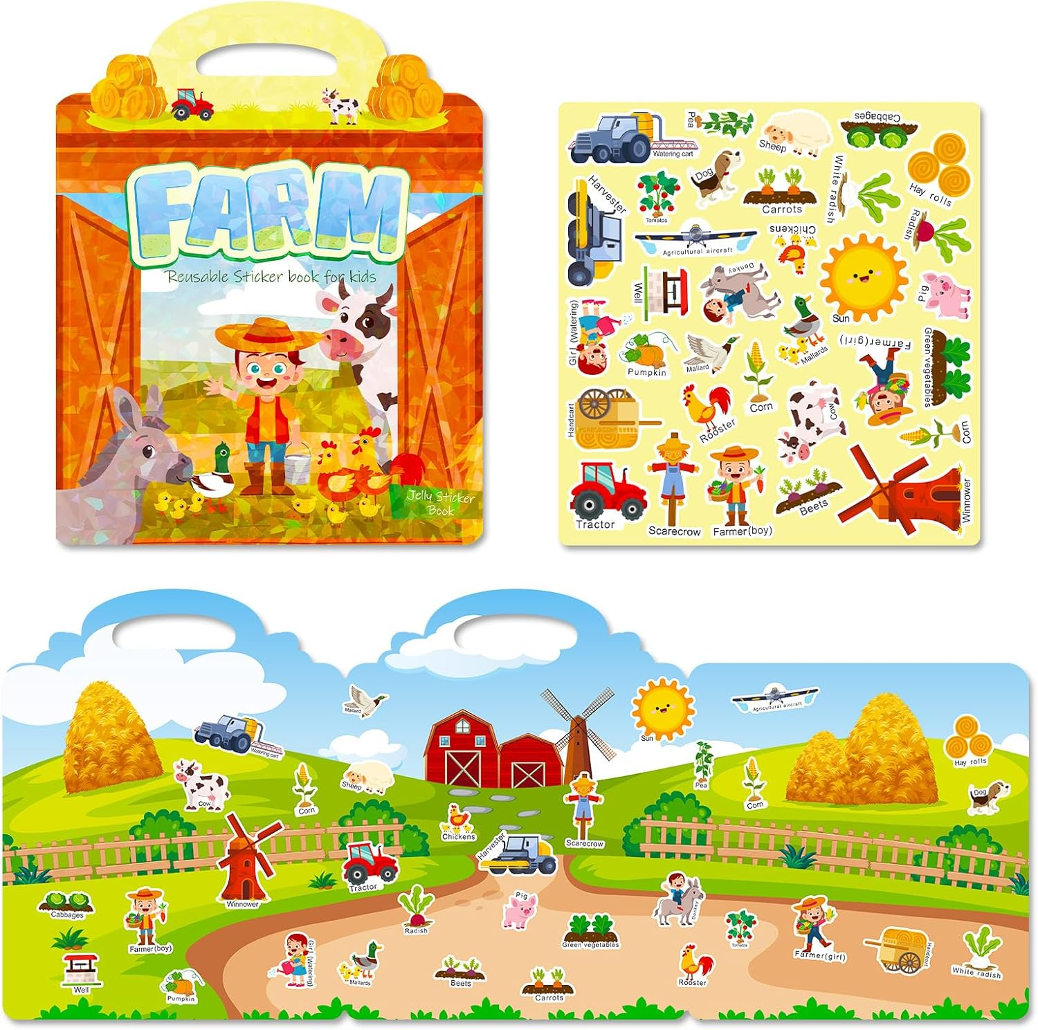 Reusable Sticker Book for Kids,3D Jelly Stickers Toddlers Activity Book for Boys Girls Road Trip Toddler Airplane Train Travel Essentials Toy,Birthday Gifts for Age 2 (Farm)