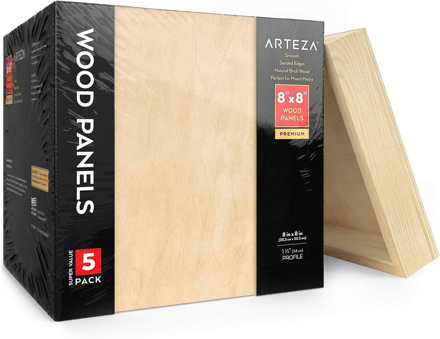 ARTEZA Wooden Canvas Board, 8X8 Inch, Pack of 5, Birch Wood, Cradled Artist Wood Panels for Painting, Encaustic Art, Wood Burning, Pouring, Use with Oils, Acrylics