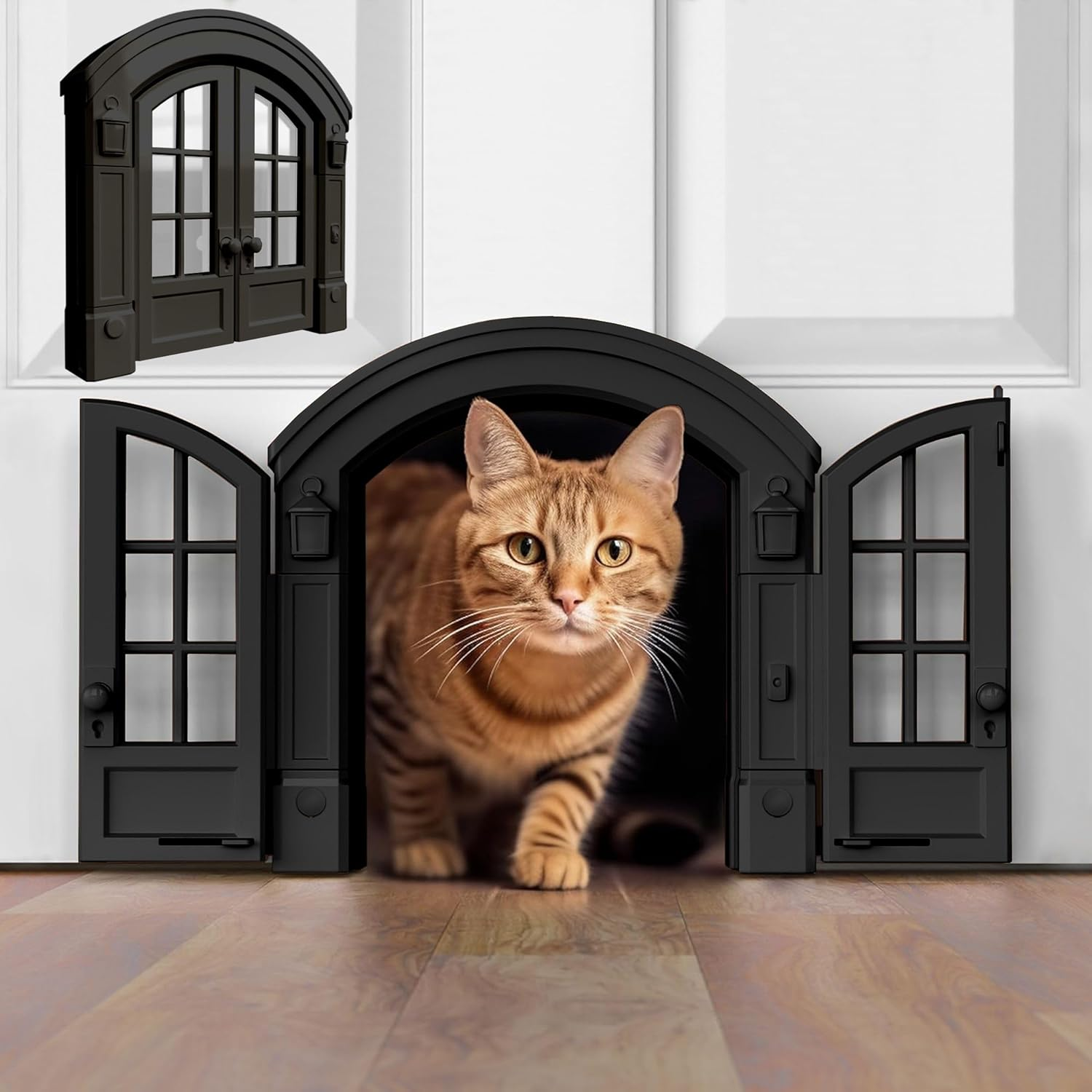 Purrfect Portal French Cat Door - Stylish No-Flap Cat Door Interior Door for Average-Sized Cats up to 20 Lbs, Easy DIY Setup, Secured Installation in Minutes, No Training Needed, 7.13 X 8.32&rdquo;