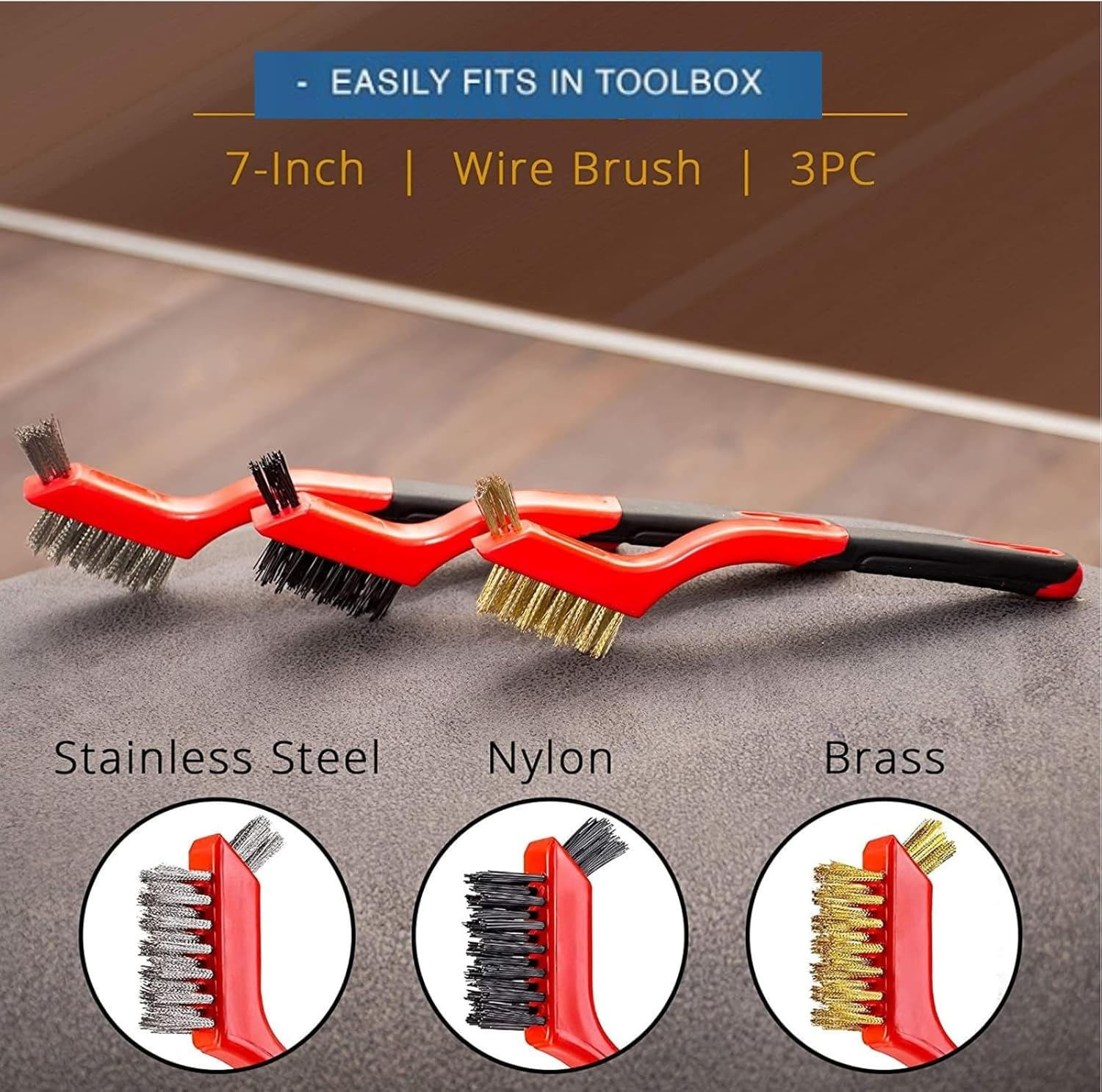 Kalione 3-Piece Wire Brush Set, 7-Inch Stainless Steel, Nylon and Brass Bristles with Ergonomic Curved Handle for Rust, Paint and Dirt Removal, Deep Cleaning, Cleaning Dirt & Paint Scrubbing (Red) image number 2