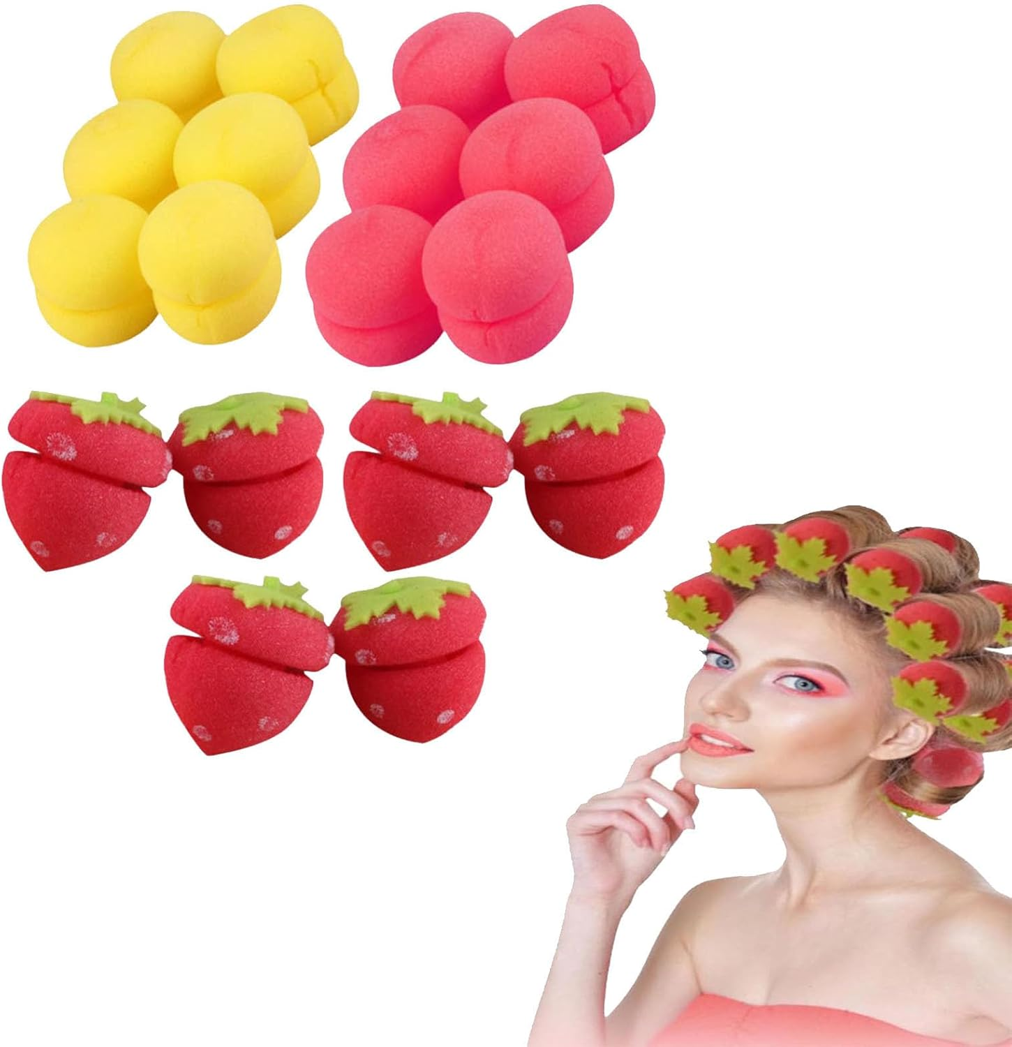 Strawberry Heatless Curlers, Strawberry Foam Rollers, Strawberry Overnight Curlers, Sponge Hair Curlers Strawberry, Strawberry Shape Magic Hair Curlers, Strawberry Heatless Hair Curlers (18Pcs,Mix) image number 6