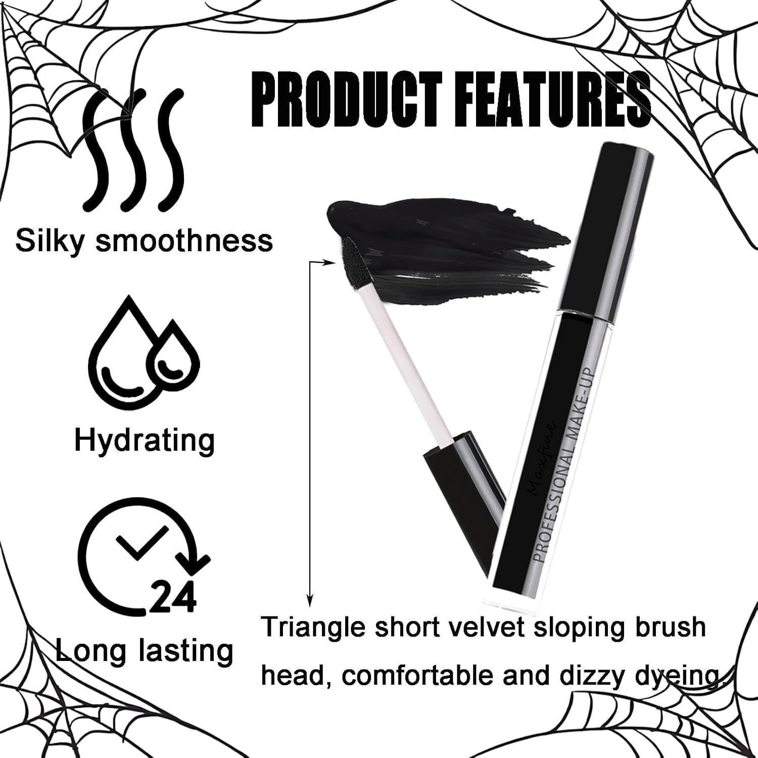 Halloween Matte Liquid Lipstick Tube, Waterproof Lip Gloss High Pigmented Matte Velvety Creamy Lipstick, Smudge Proof & Non-Stick Lip Stain, Bold Goth Face Paint (Black, M) image number 4