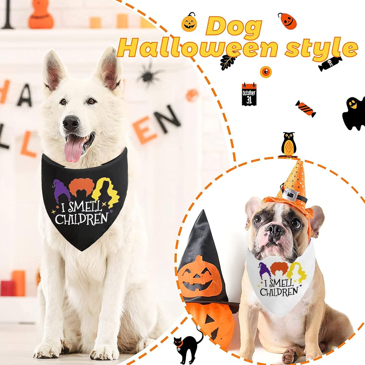 Halloween Hocus Pocus Dog Bandanas - I Smell Children Witch Dog Scarf - 2 Pcs Adjustable Sanderson Sisters Holiday Party Triangle Reversible Pet Bandanas for Small Medium Large Dogs image number 4