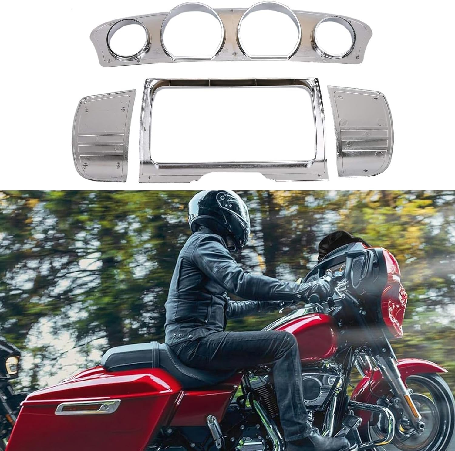1 Set Motorcycle Chrome Tri-Line Gauge Trim 7284 + Stereo Trim Cover Fit for Harley 2014-2017 Touring Electra Glides/Street Glides/Tri Glide image number 4