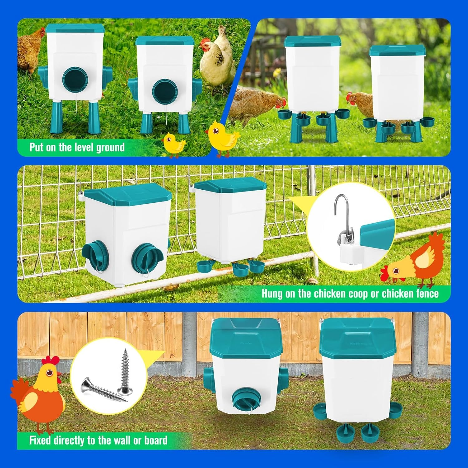 Pet Scene Chicken Feeder Waterer Set, Automatic Bird Feeder Food Water Dispenser, 12KG + 11L Capacity Auto Chook Poultry Gravity Fed Feeding Drinking in Coop Fence Rat Proof