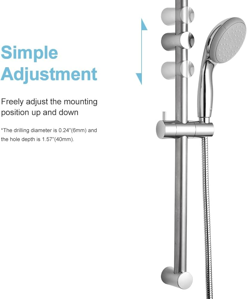 OFFO Shower Slide Bar, 62Cm(24 Inches) Segmented Wall Mounted Shower Rail Adjustable Installation Distance 28-61Cm with 360&deg; Adjustable Handheld Shower Head Holder Replacement for Shower, Chrome image number 4