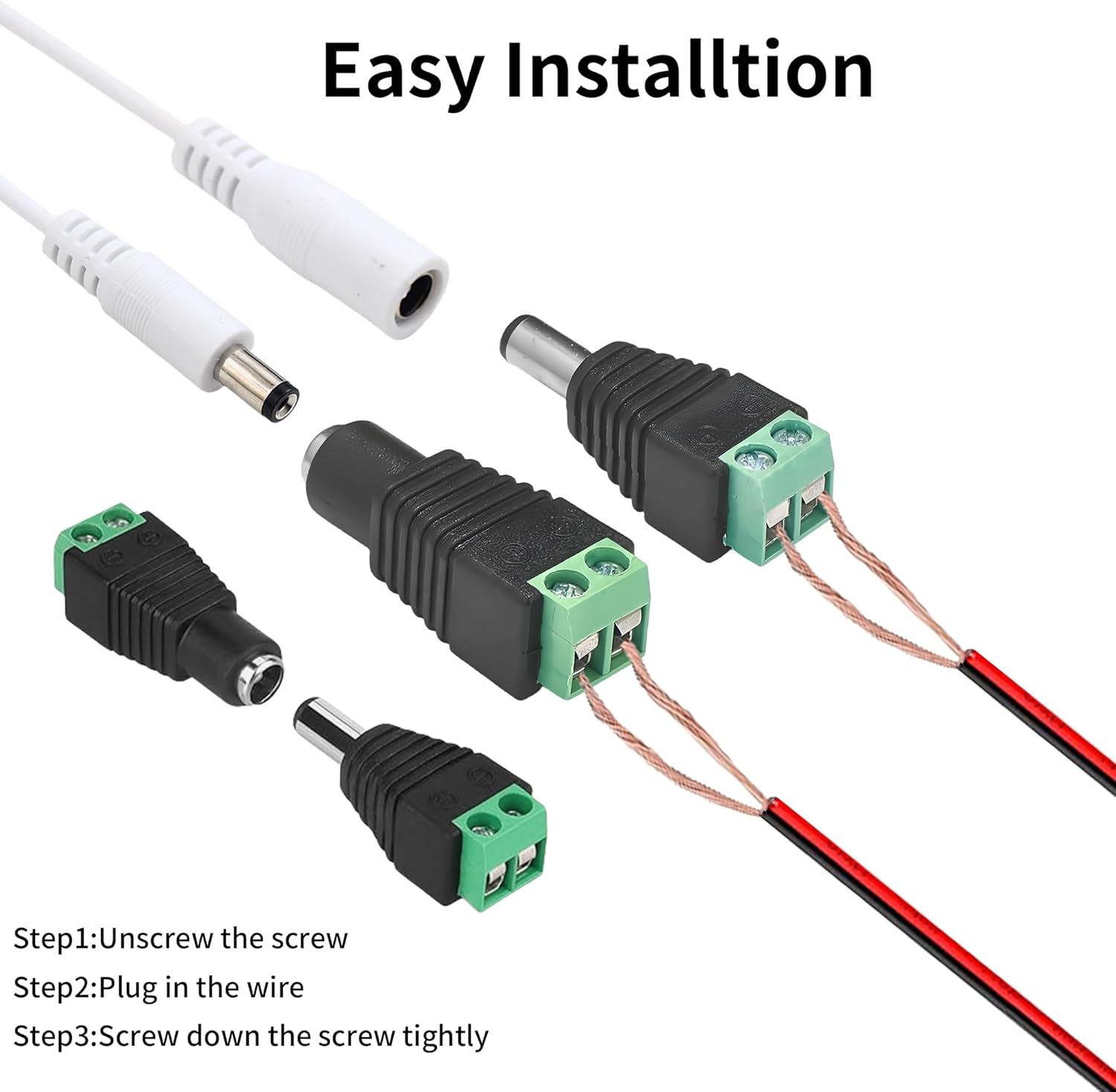 Clearhill 20Pcs (10Pcs Male+10Pcs Female) Power Connectors and 10Pcs Red and Black Wires,5.5Mm X 2.1Mm Power Jack Socket for 5-24V Led Strip,Camera Cable Wire Ends Plug Barrel Adapter image number 2