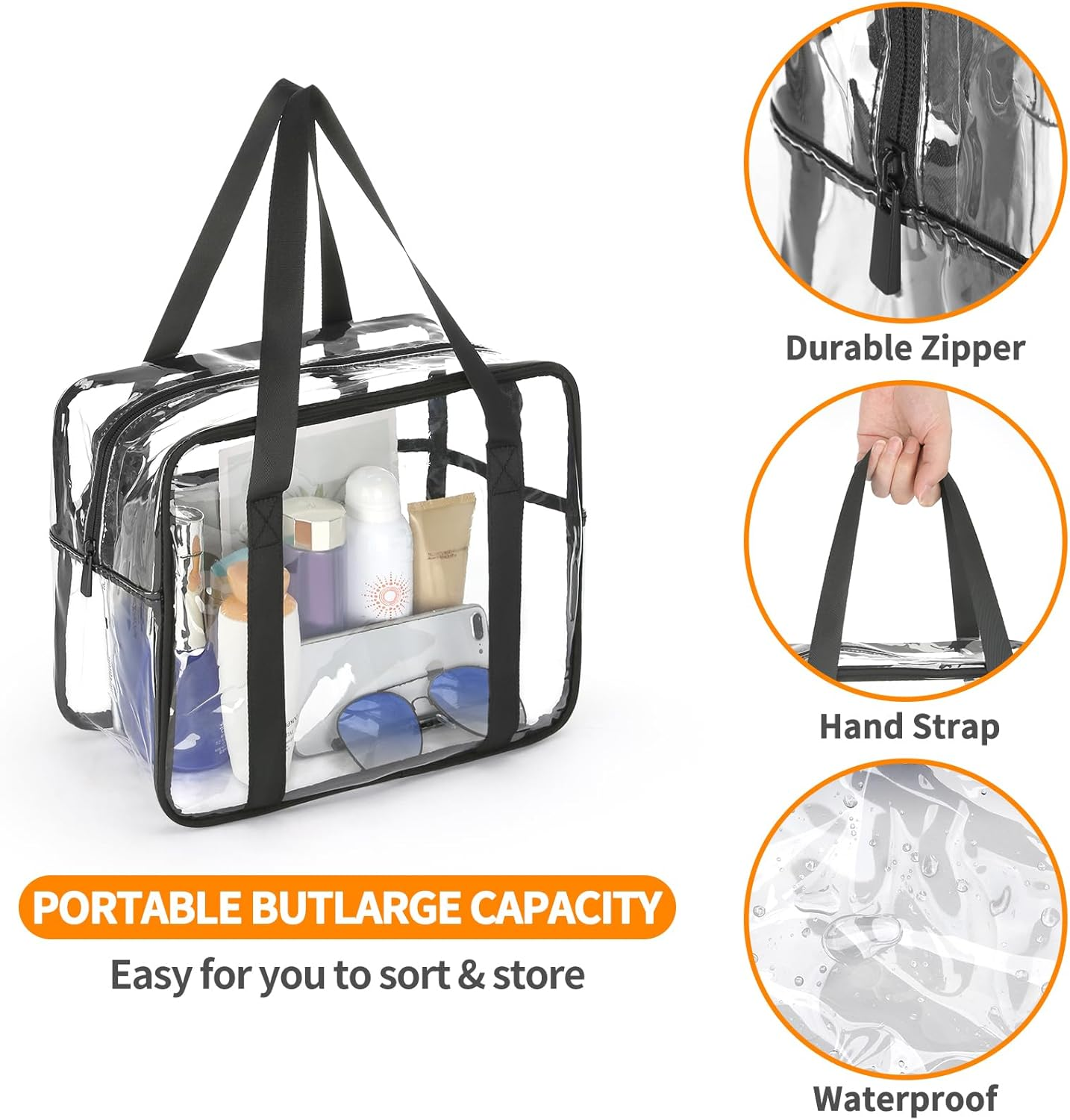 HAOGUAGUA Extra Large Clear Cosmetic Makeup Bag, Transparent PVC Tote Shoulder Bag Stadium Approved, Waterproof Toiletry Carry Pouch Makeup Artist Bag Diaper Bag, Black image number 5