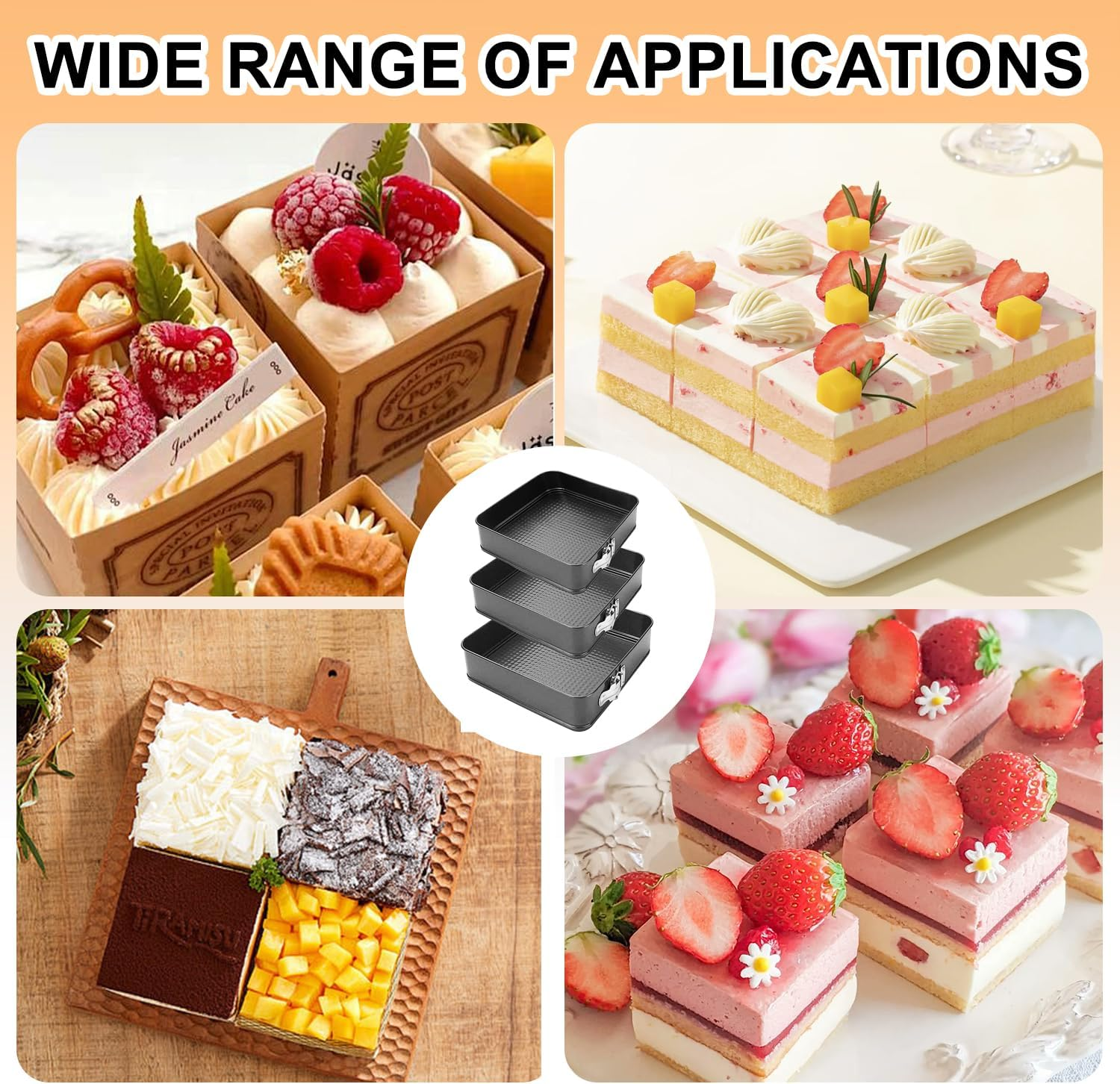 Springform Cake Pan Square, 3 Set of 9.6 Inch, 10.2 Inch, 11.2 Inch Cake Pan, Non-Stick Springform Leakproof Cake Pans Cake Tin, Removable Bottom, Suitable for Cake Baking, Kitchen Lovers image number 4