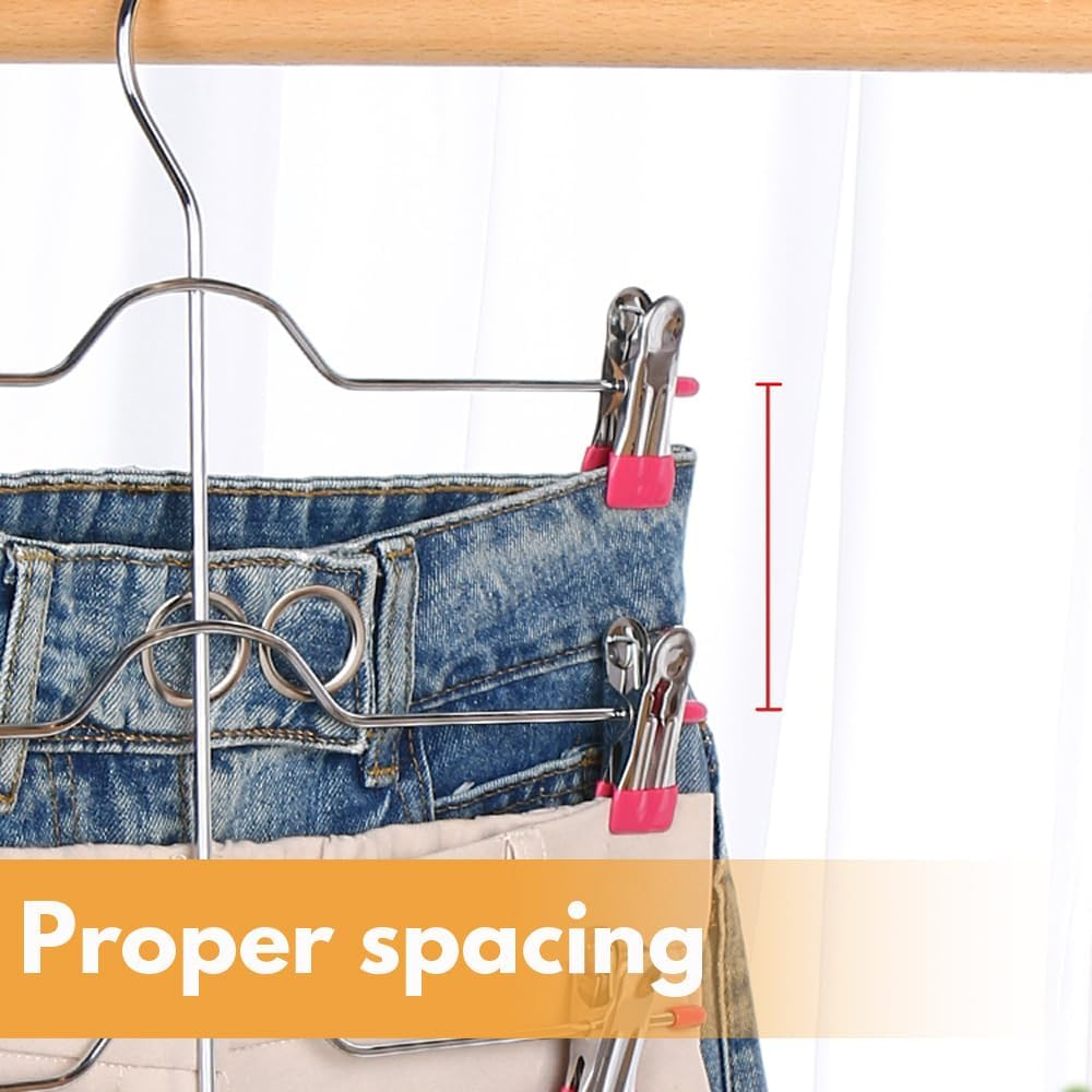 3 Pack Skirt Pants Hanger with Adjustable Clips,H HOME-MART 4 Tier Chrome with Black Vinyl - Non-Slip- Closet Storage Organizer Space Saving (Pants Skirt Hangers) image number 4
