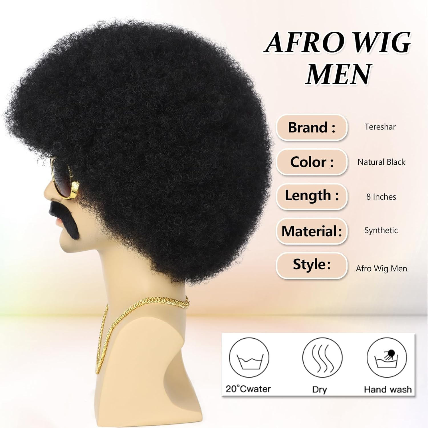 Mens Afro for 70S Rocker Disco Party 5Pcs Set (Wig+ Glasses+ Disco Necklace+ Mustache+ Wig Cap) Afro Puff Wigs for 70S 80S Halloween Costume Cosplay image number 6