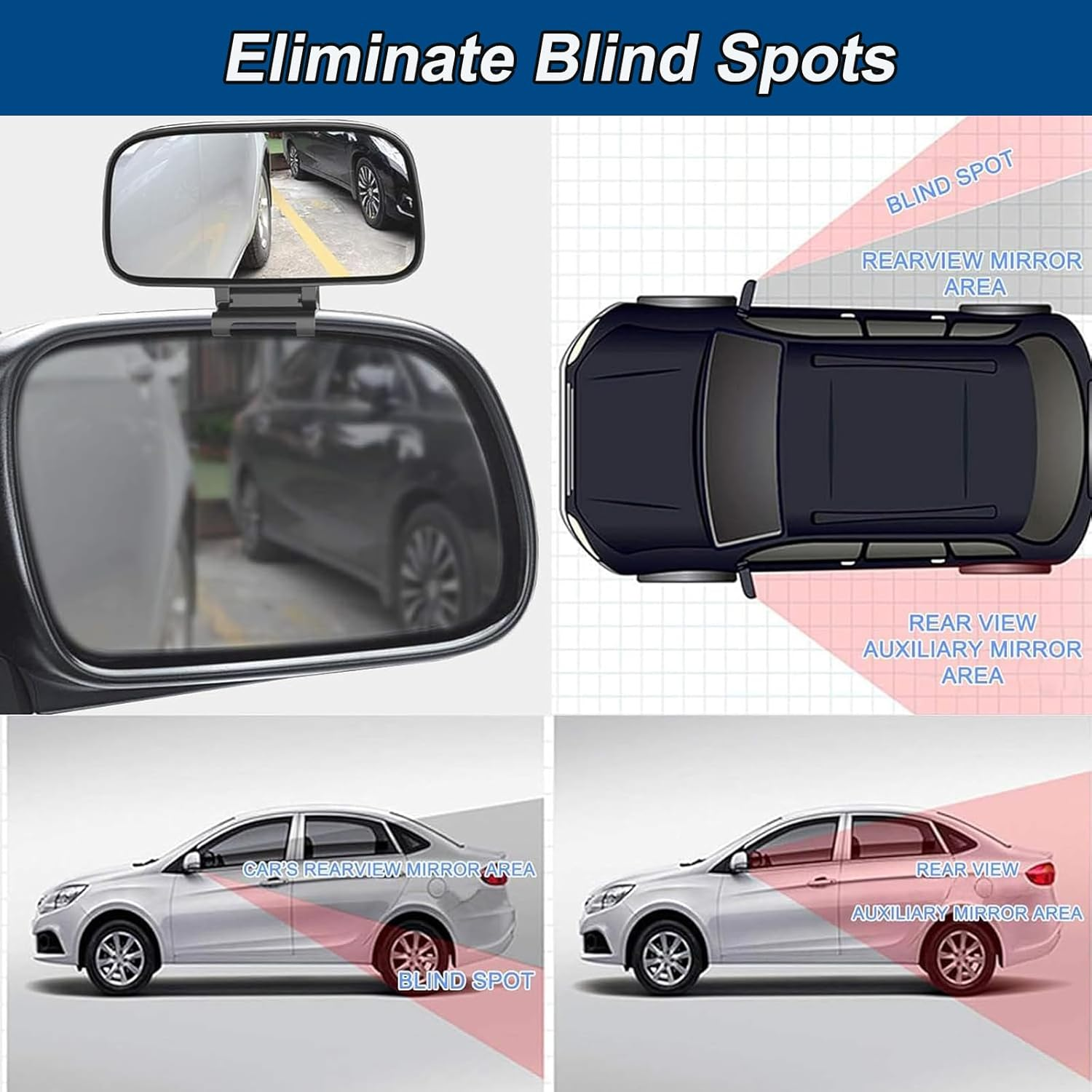 Car Blind Spot Mirror, Adjustable 360 Degree Rotation Side Mirror, Auto Auxiliary Convex Wide Angle Snap Way Clip on Side Rearview Mirror, Universal for Car Truck SUV