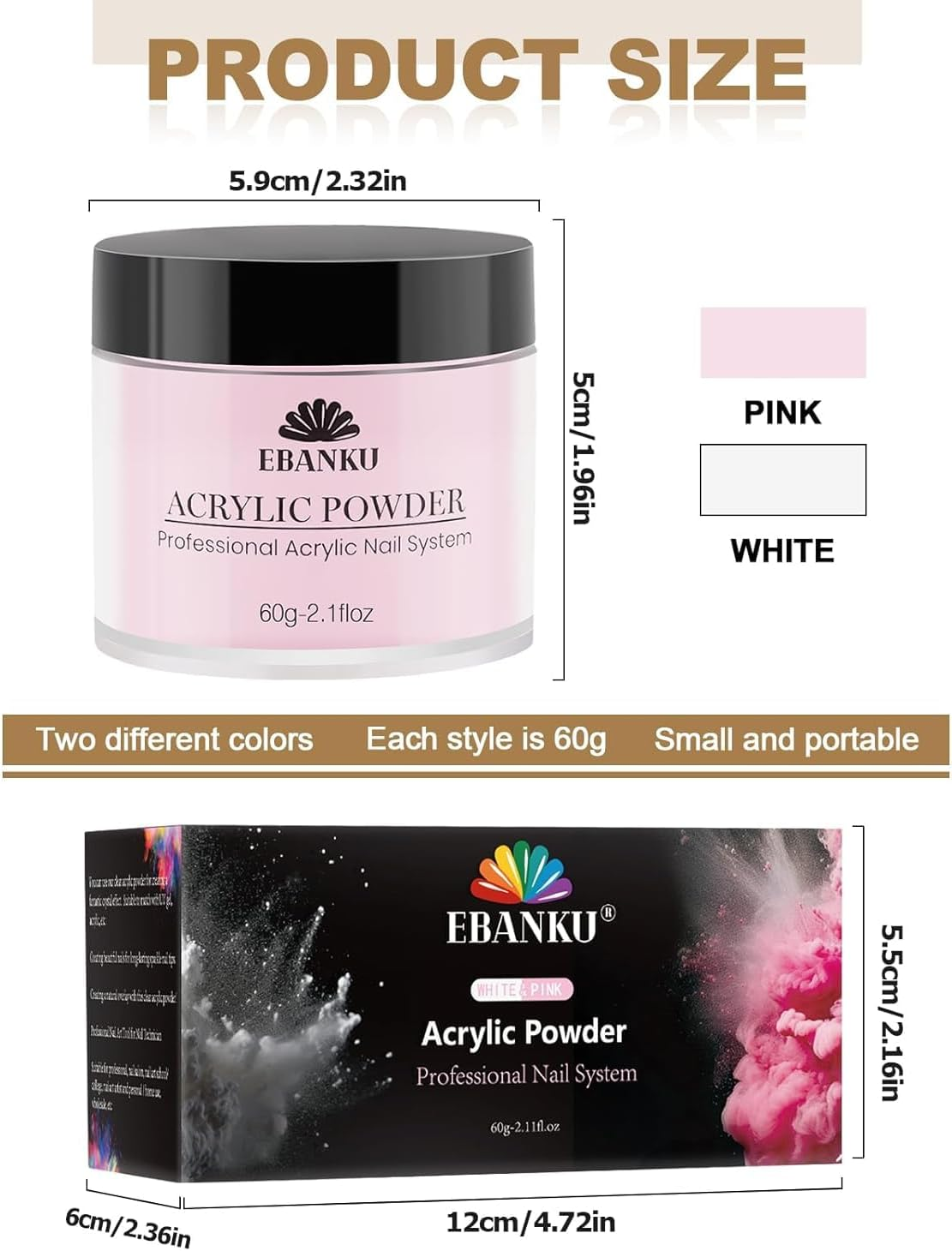 Kalolary Acrylic Nail Powder Set, 2 Colors Pink White Acrylic Powder Professional Nail Acrylic Powder for Nail Acrylic Extension, Nail Carving, Long-Lasting, No Nail Lamp Needed, 2.1 Oz image number 2