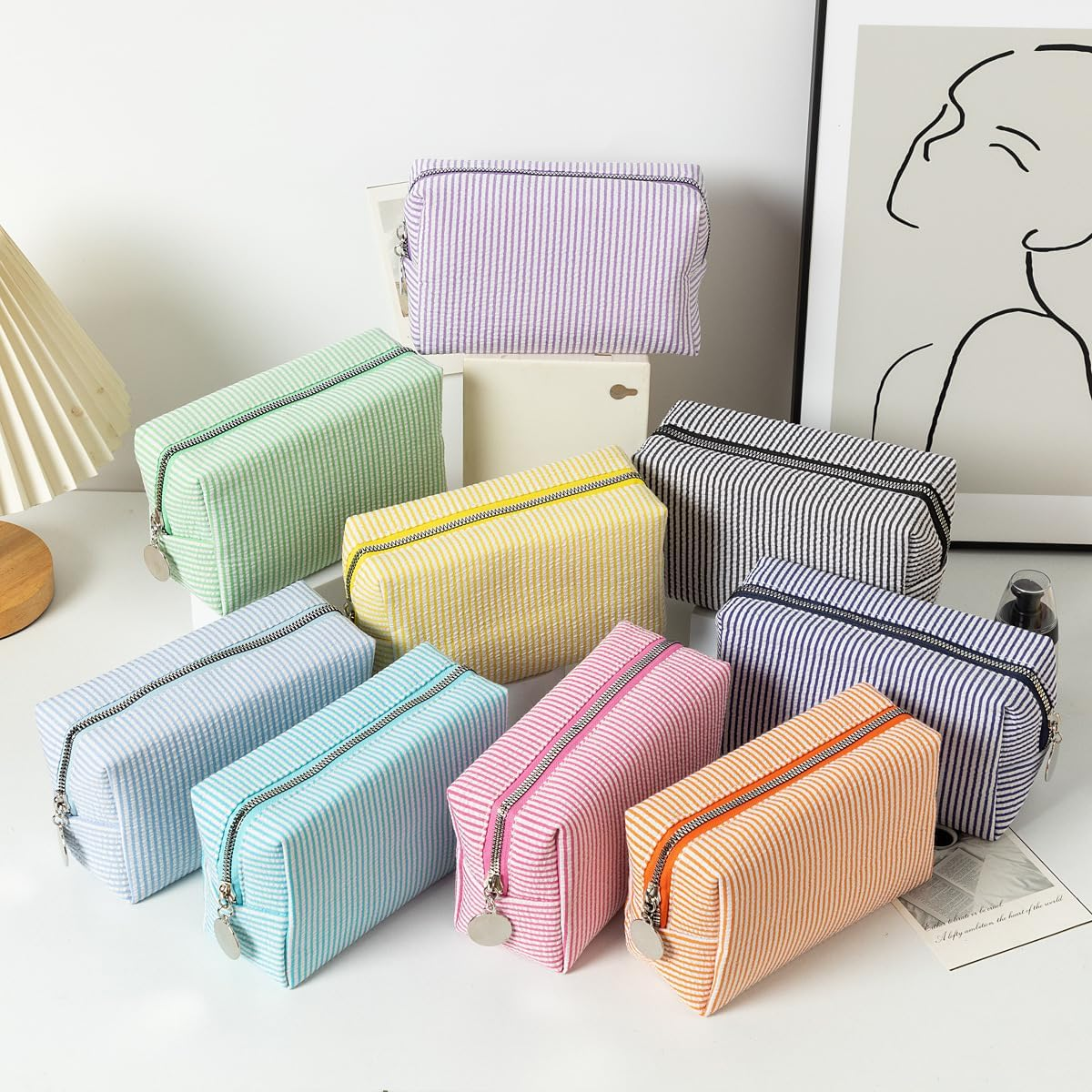 OZAOZ Makeup Bag Cosmetic Bag Travel Toiletry Bag Aesthetic Canvas Organizer Bag Zipper Pouch for Women, M-Purple, Cute - M-Light Blue image number 7