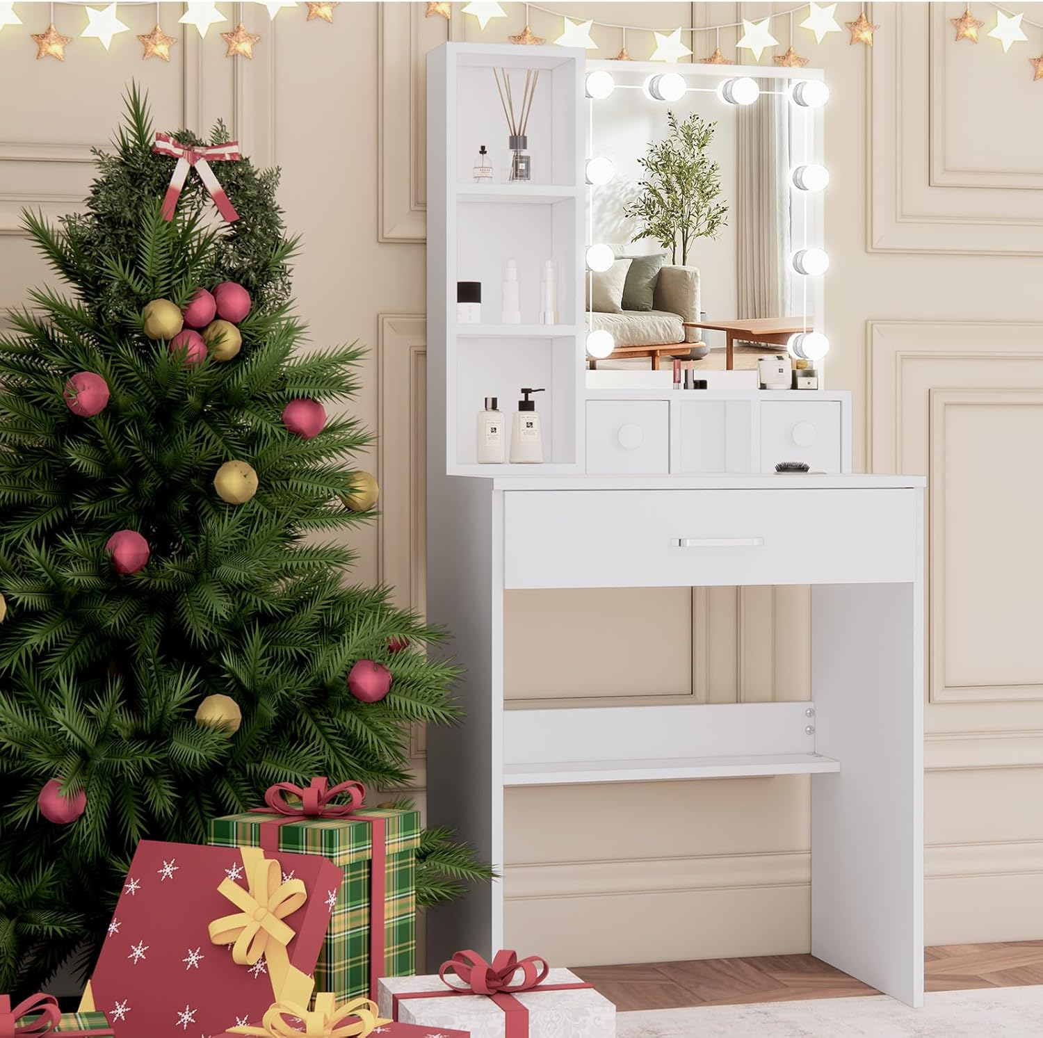 Small Vanity Desk with Mirror and Lights, 60Cm Dressing Table with 10 Dimmable Light Bulbs 3 Color Changing, Girls Makeup Desk Vanity Table White, Compact Vanity for Teens Teenager Bedroom image number 1