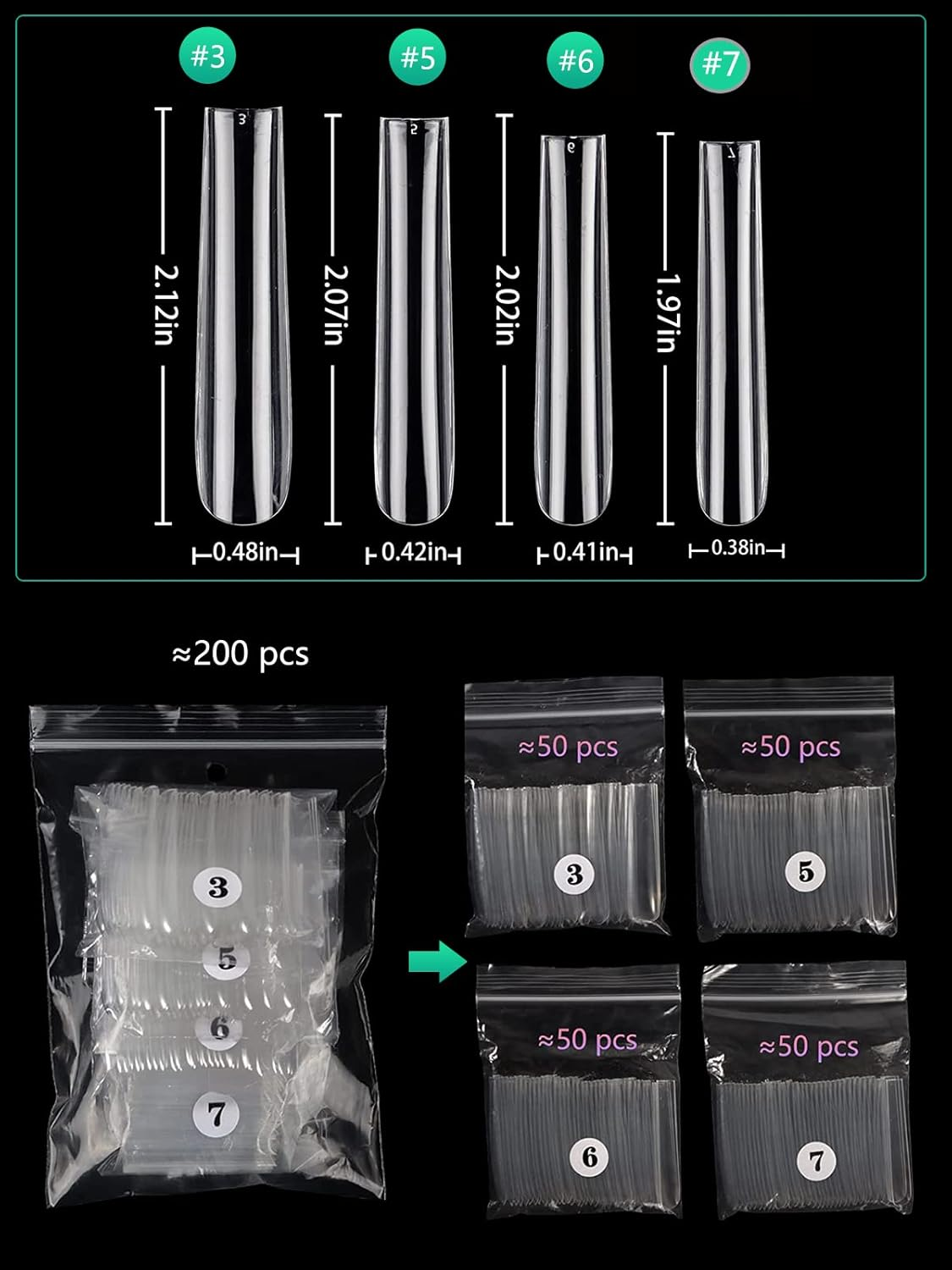 Individual Size 3 5 6 7 Full Cover Square Nail Tips for Acrylic Nails Professional, 200PCS 3XL Extra Long Straight Nail Tip, Straight Tapered Square Press on Nail Tip 4 Mostly Used Sizes image number 5