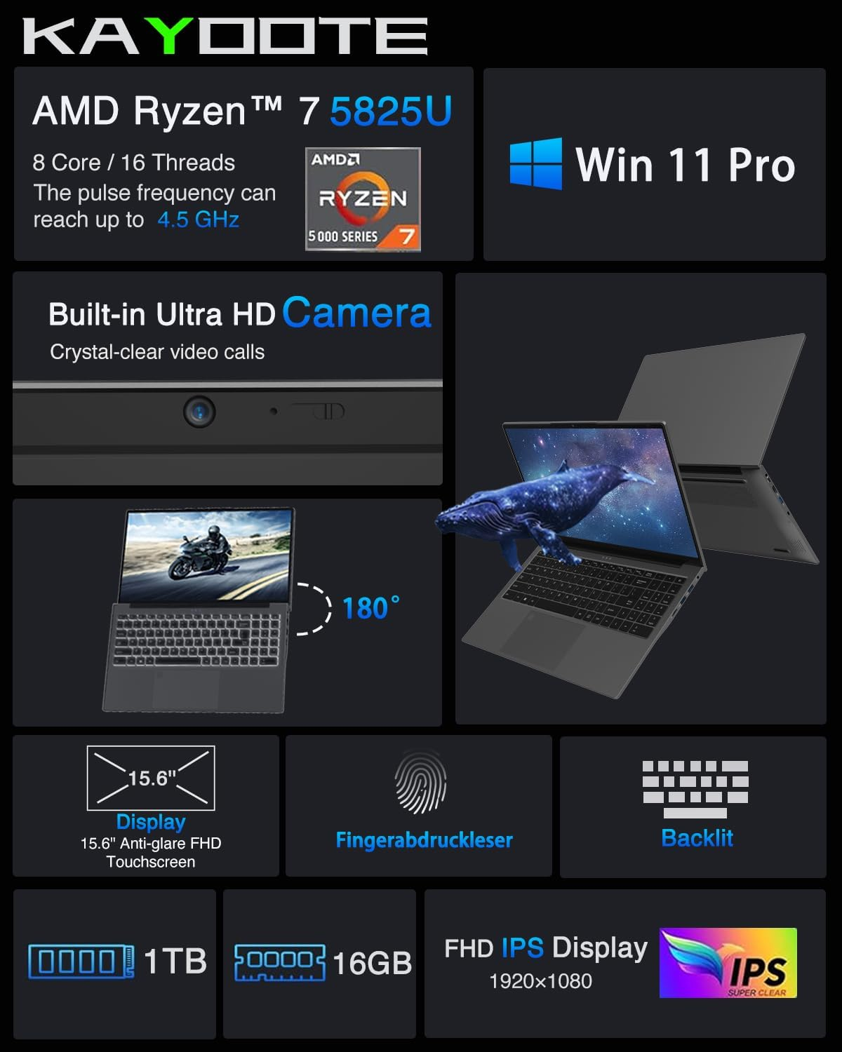 Kayoote 15.6 Inch Win 11 Pro Laptop Computer for Students & Business, Ryzen 7 5825U & 16+1TB Laptops with Fingerprint Recognition, FHD Display, Wi-Fi 5, BT4.2, Laptop Computers for Work, School image number 4