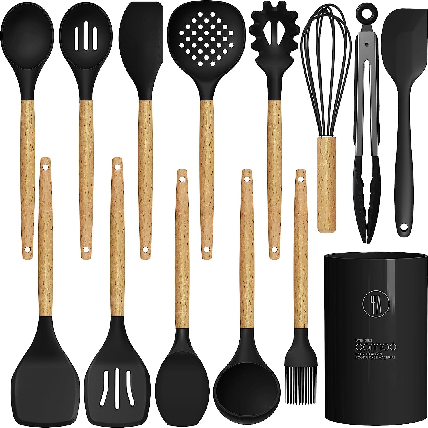 Silicone Cooking Utensils Set - 446&deg;F Heat Resistant Silicone Kitchen Utensils for Cooking,Kitchen Utensil Spatula Set W Wooden Handles and Holder, BPA Free Gadgets for Non-Stick Cookware (Khaki)