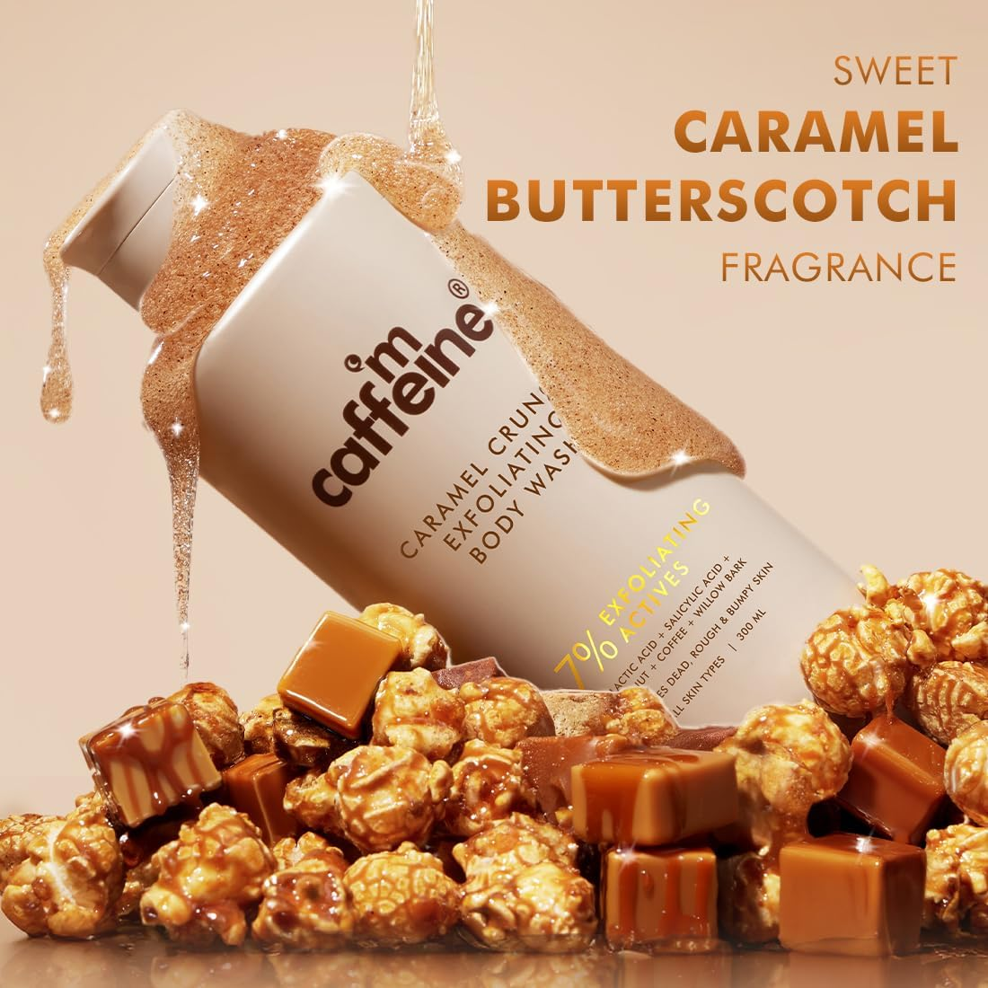 Mcaffeine 7% Exfoliating Body Wash with 1% Salicylic 2% Lactic Acid | Reduces Body Acne, Strawberry Skin, Ingrown Hair & Smoothes | Sweet Caramel Shower Gel for Women & Men- All Skin Types (300Ml) image number 6