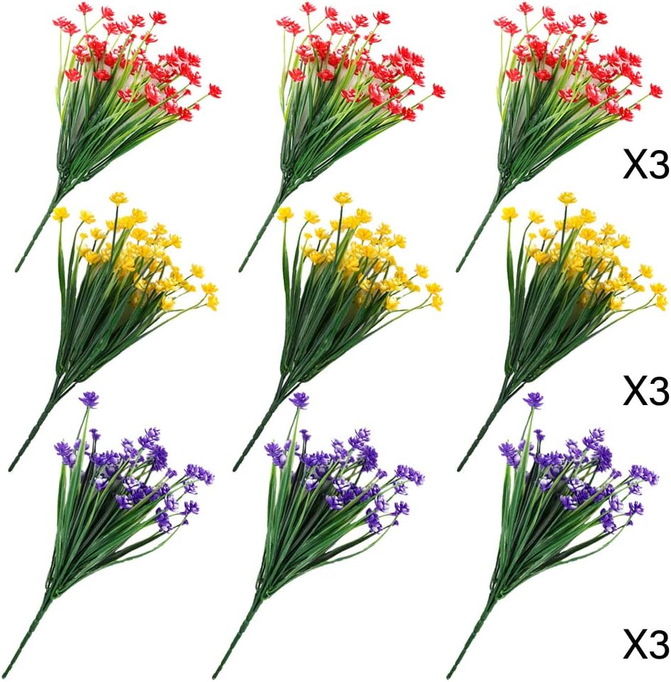 TELDRASSIL 9 Bundles Artificial Flowers Outdoor UV Resistant Fake Plastic Flowers Faux Plastic Shrubs for Indoor Outdoor Window Home Garden Decoration - Blue Purple Yellow image number 3
