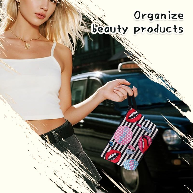 Funny Lips Print Makeup Bag for Women Girls Stripe Travel Cosmetic Pouch for Best Friend Bestie Anniversary Birthday Gifts for Daughter Fashionistas Lipstick Print Make up Organizer Makeup Lover Gift image number 3