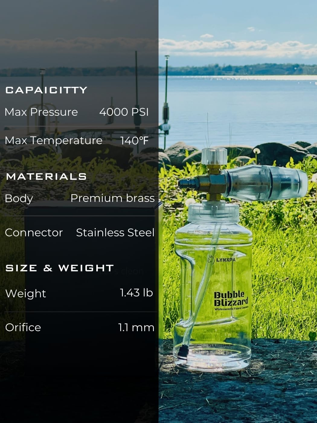 LYNXPA Bubble Blizzard Premium Foam Cannon for Pressure Washer, Wide Mouth, Adjustable Thick Foam Snow Foam Cannon Lance with 1/4 Inch Quick Connector for Car, Boat, and Home Wash, 4000 PSI, 34 Oz image number 5