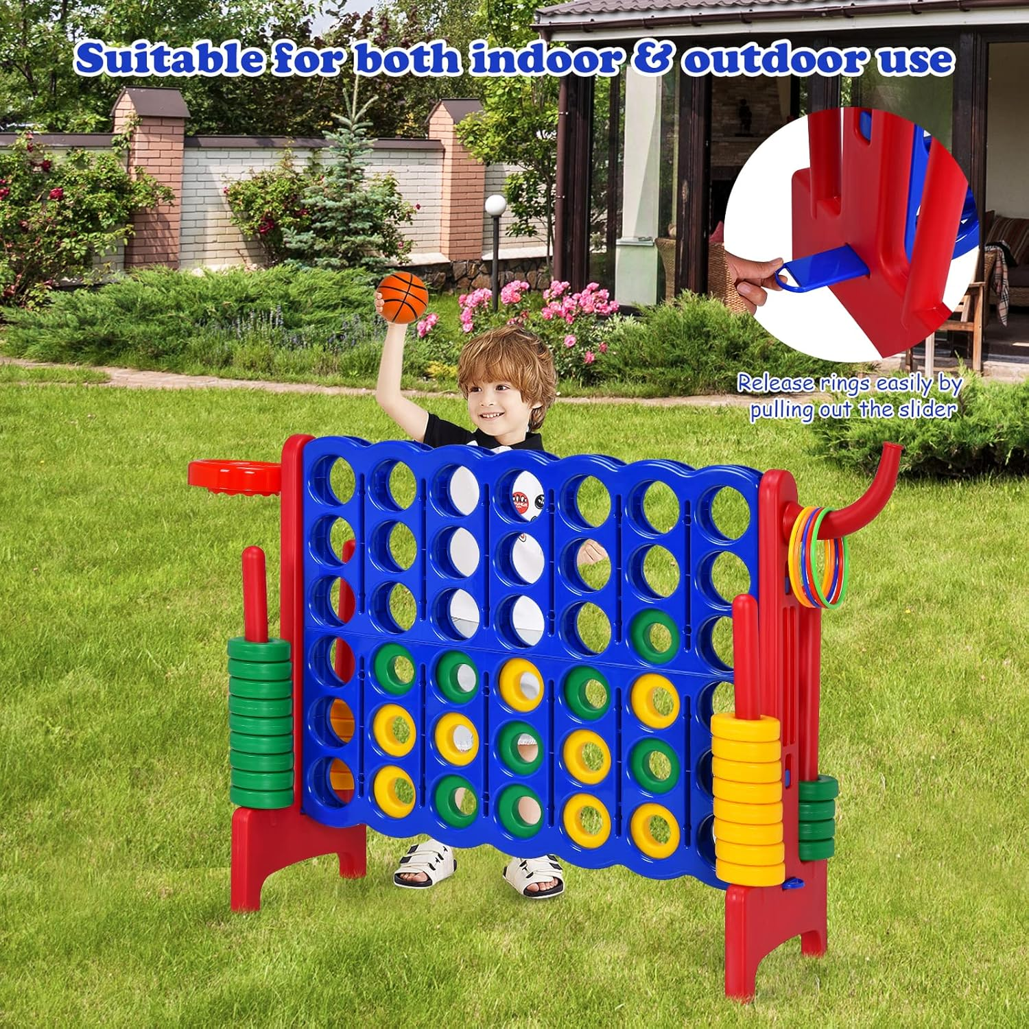 Costway Giant 4-In-A Row, Jumbo 4-To-Score Giant Game Set for Kids & Adults, Indoor Outdoor Family Connect Game W/Basketball Hoop, Ring Game, 42 Jumbo Rings, Quick-Release Slider (Red)