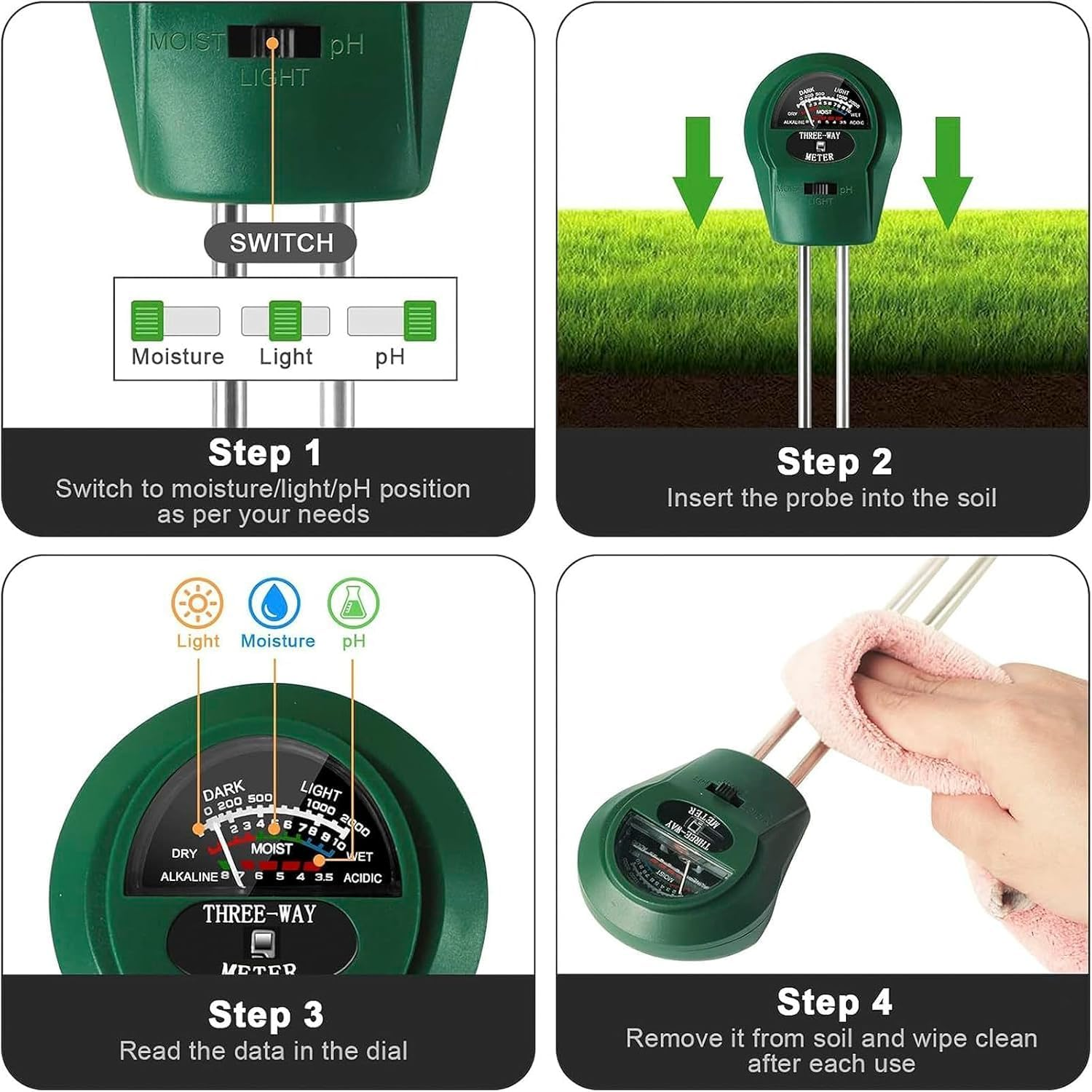 3-In-1 Soil Moisture Meter with Ph & Light Tester &ndash; Instant Soil Moisture, Ph, and Light Readings for Indoor/Outdoor Plants