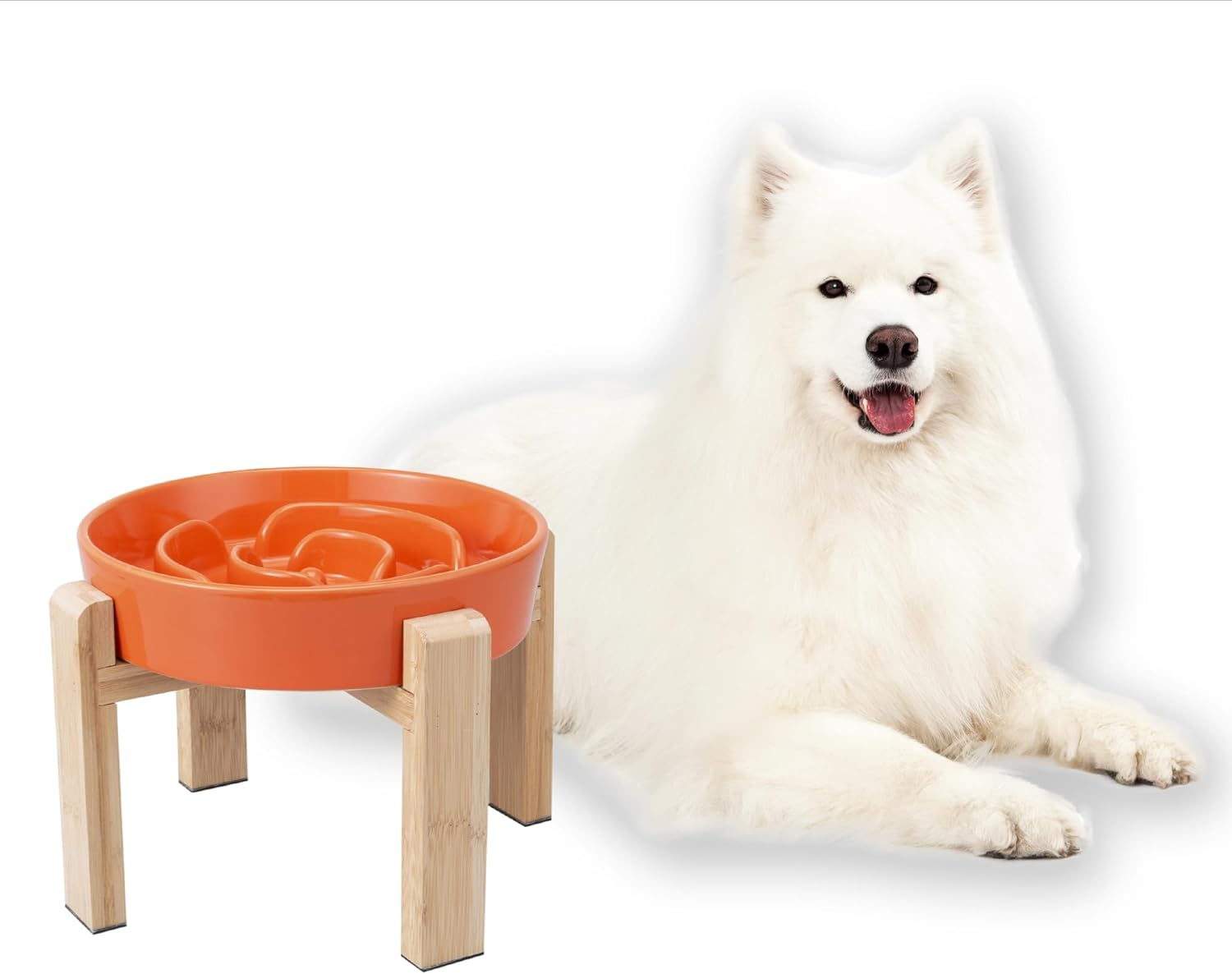 Elevated Slow Feeder Dog Bowl - Ceramic Food Dish with Bamboo Stand - Raised Maze Design - Ideal for Medium to Large Dogs - White - 8.8 Inch
