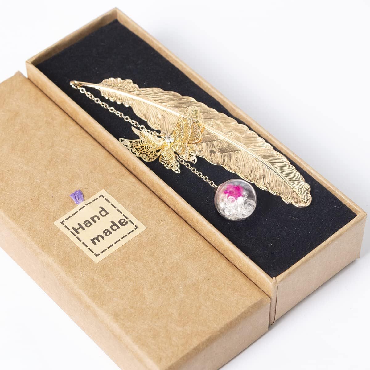 Metal Feather Bookmark with 3D Butterfly and Glass Bead Pendant, Exquisite Bookmark Book Marker for Book Lover, Teachers, Friends, Grandma, Woman and Kids (Silver Feather Pink Ball White F) - Golden Feather Bell image number 3