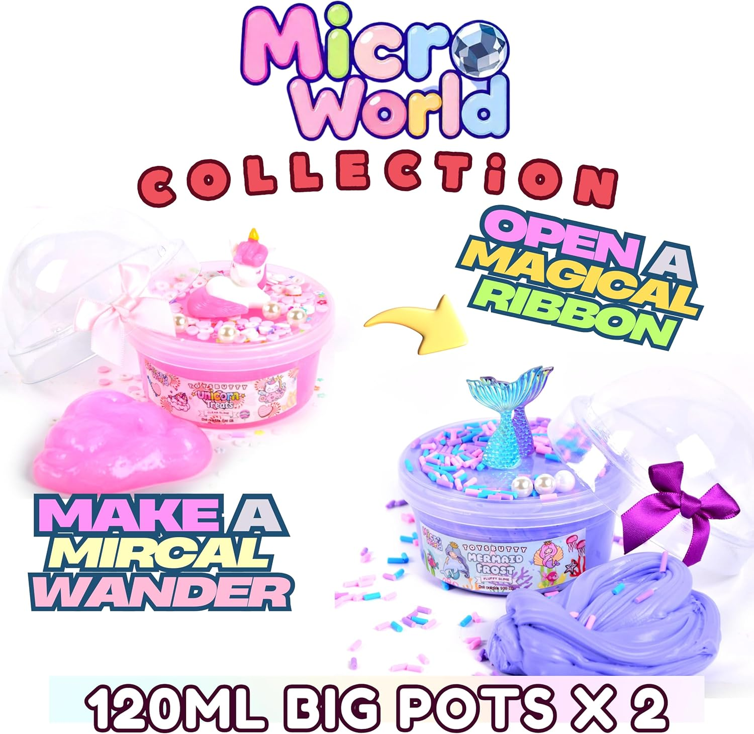 Toysbutty Butter Slime Kit, Microworld 2 Pack Clear & Fluffy Slime for Kids, Unicorn Mermaid Theme Party Favors with 6 Slime Add Ins, Unicorn Kids Toy Birthday Gifts for Girls Age 8-12 image number 2