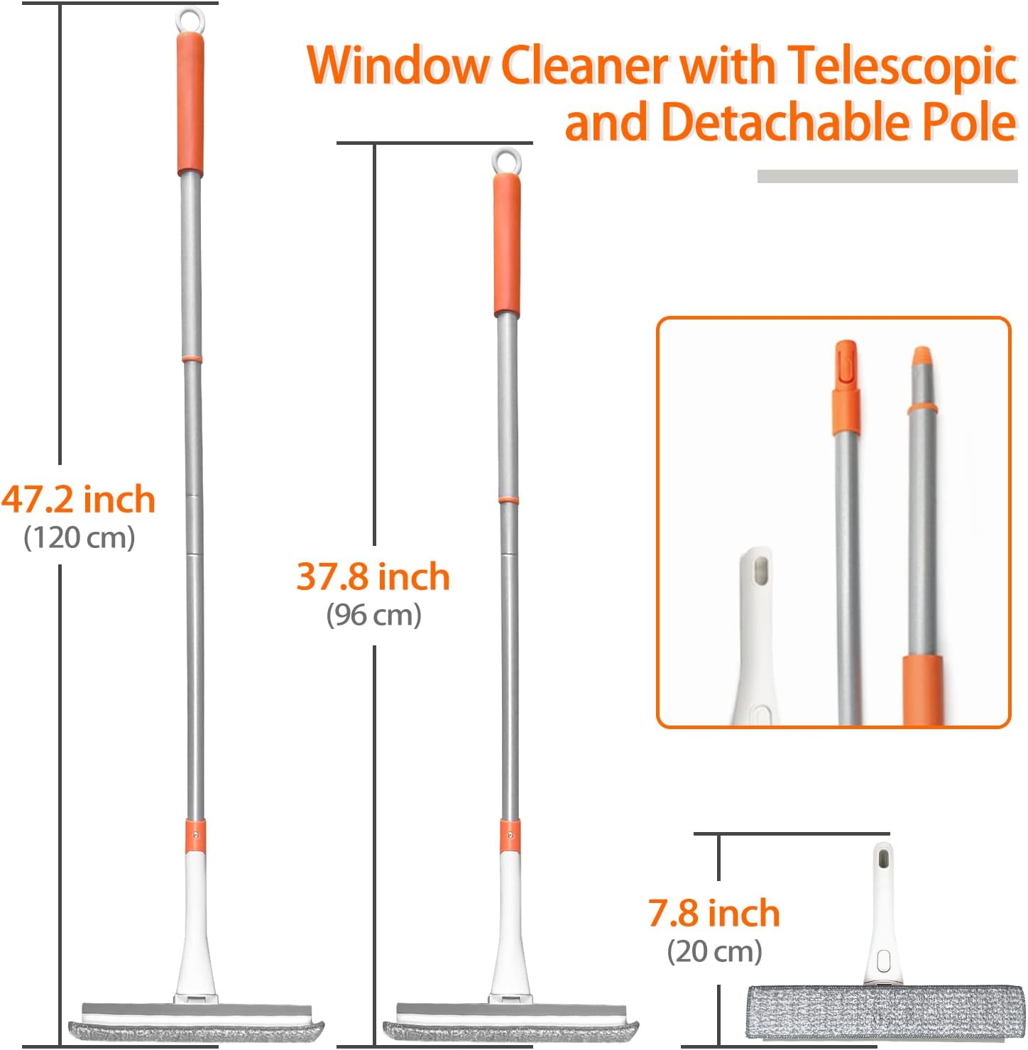 JEHONN Telescopic Window Squeegee Cleaning Equipment Kit 120 Cm 2 in 1 Extendable Window Cleaner Tool, Scraper and Scrubber Combo with 180 Degrees Rotation Head for Home Windows Glass Cars (Orange) image number 6