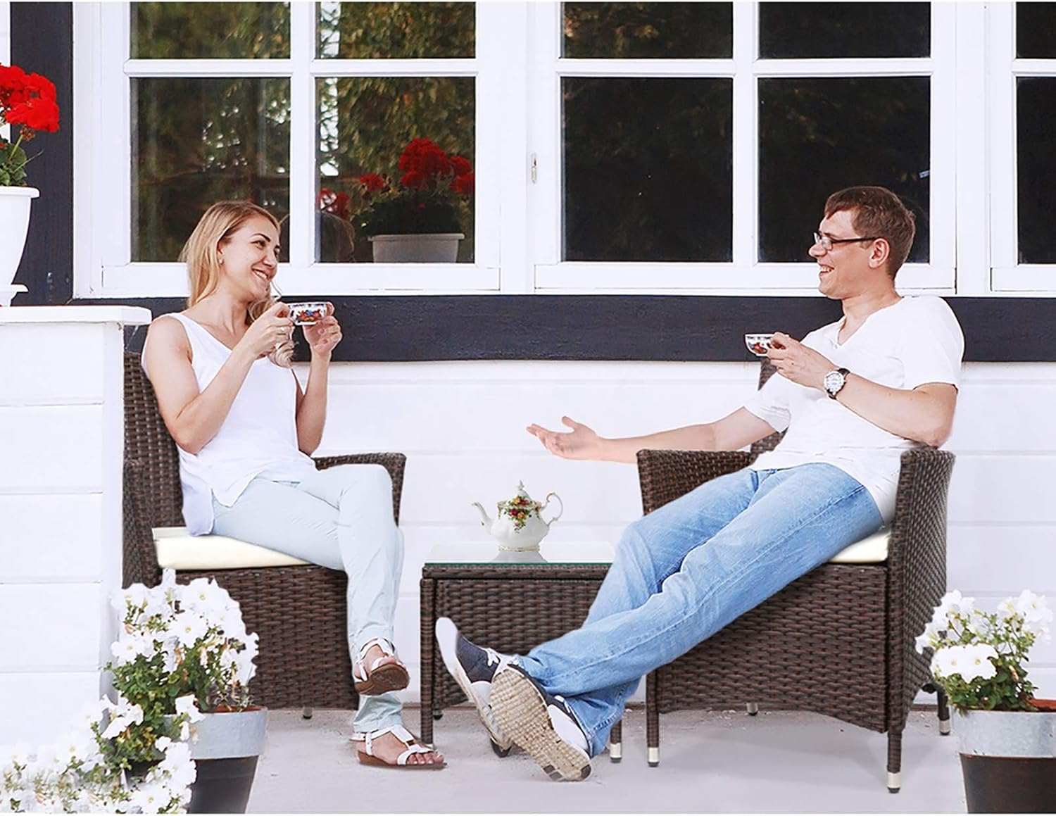 Gardeon 3Pcs Wicker Patio Furniture, Bistro Set Table and Chairs Outdoor Lounge Setting Conversation Sets Dining Chair Garden Backyard, Cushion with Rattan Coffee Table Glass Tabletop Black