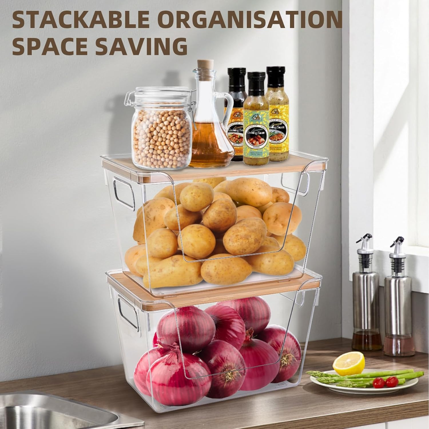 2 Set Pantry Organizers and Storage - Stackable Pantry Storage Bin Containers for Potato, Onion, Garlic, Fruit, Vegetable, Produce - Clear Front Open Kitchen Organization Baskets with Lid image number 4