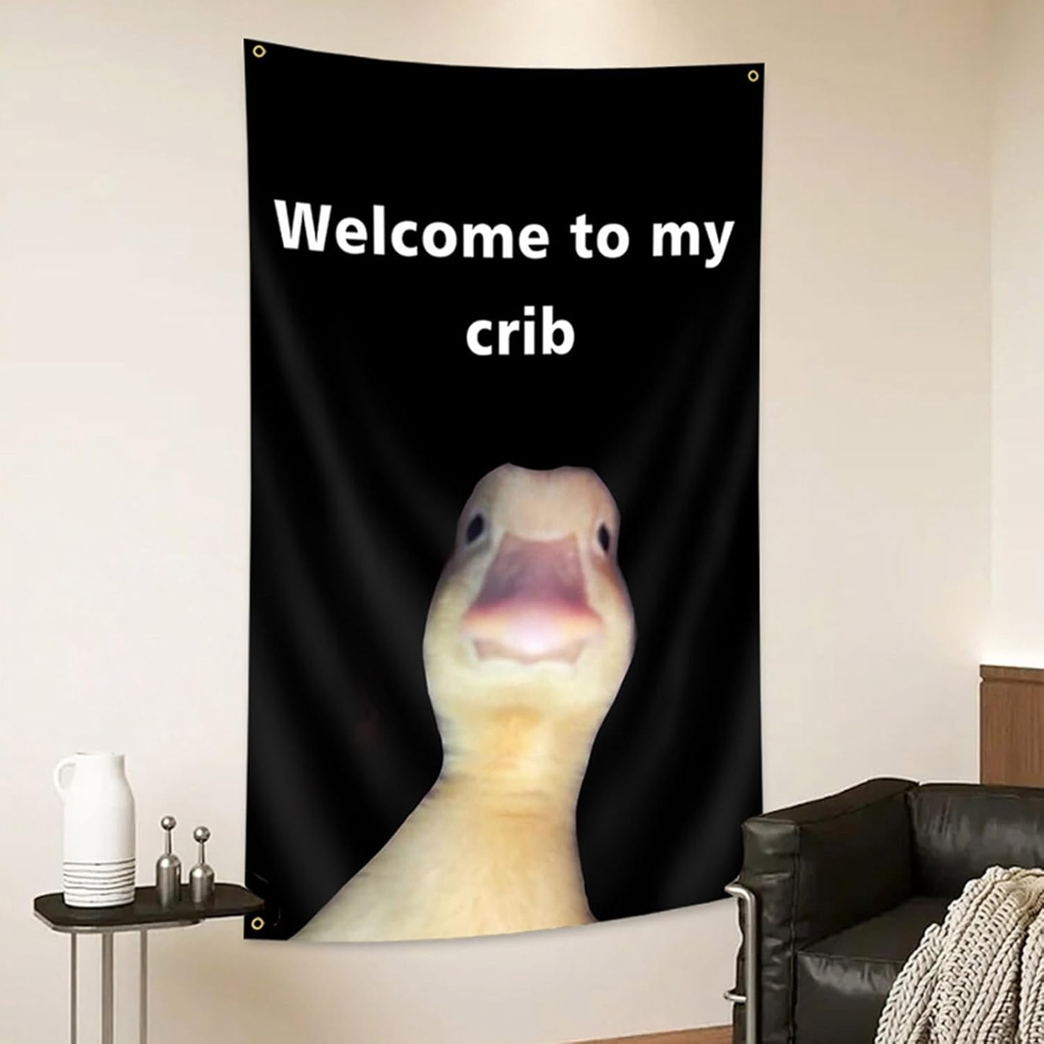 Welcome to My Crib, Duck Flag Wall Tapestry Hangable with Brass Grommets, Bedroom Decorations, Home Decor, Funny Posters, Indoor Outdoor Backdrop for College Dorm