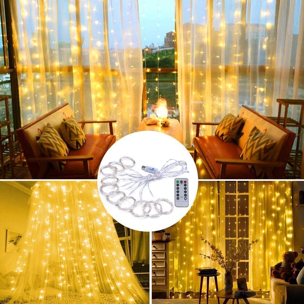 Fairy Curtain Lights, Amazertec 300 LED Window Curtain String Light Wedding Party Home Garden Bedroom Outdoor Indoor Wall Decorations (Warm White) image number 2
