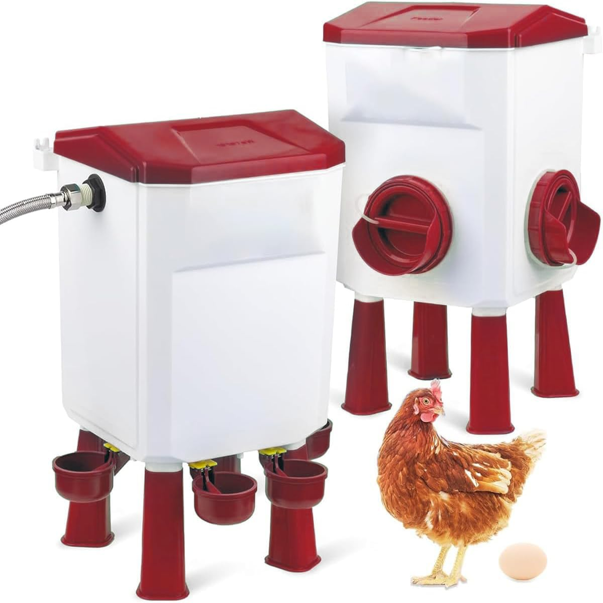 CLOUDSEASON Auto Chicken Feeder & Poultry Waterer with 145Cm Water Hose 8KG Feeder + 7L Waterer with Float Controlled No-Mess Design Portable for Chicken Coop (Red) image number 4