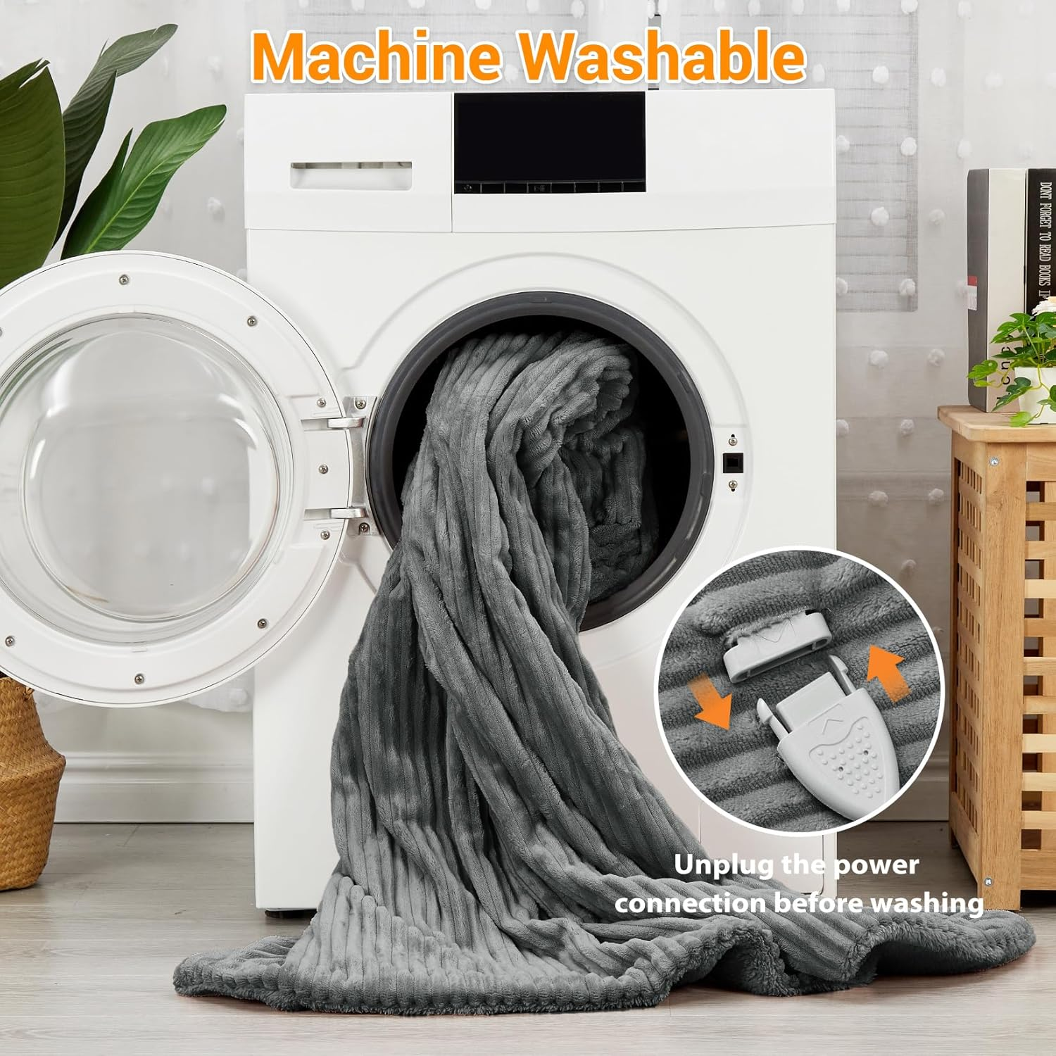 Electric Heated Throw Blanket 160X130Cm, Thick Washable Ribbed Flannel Heating Blanket with 6 Heat Levels, 10 Timer Settings & SAA Certified, Electric Blanket for Bed, Couch & Sofa, Grey image number 2