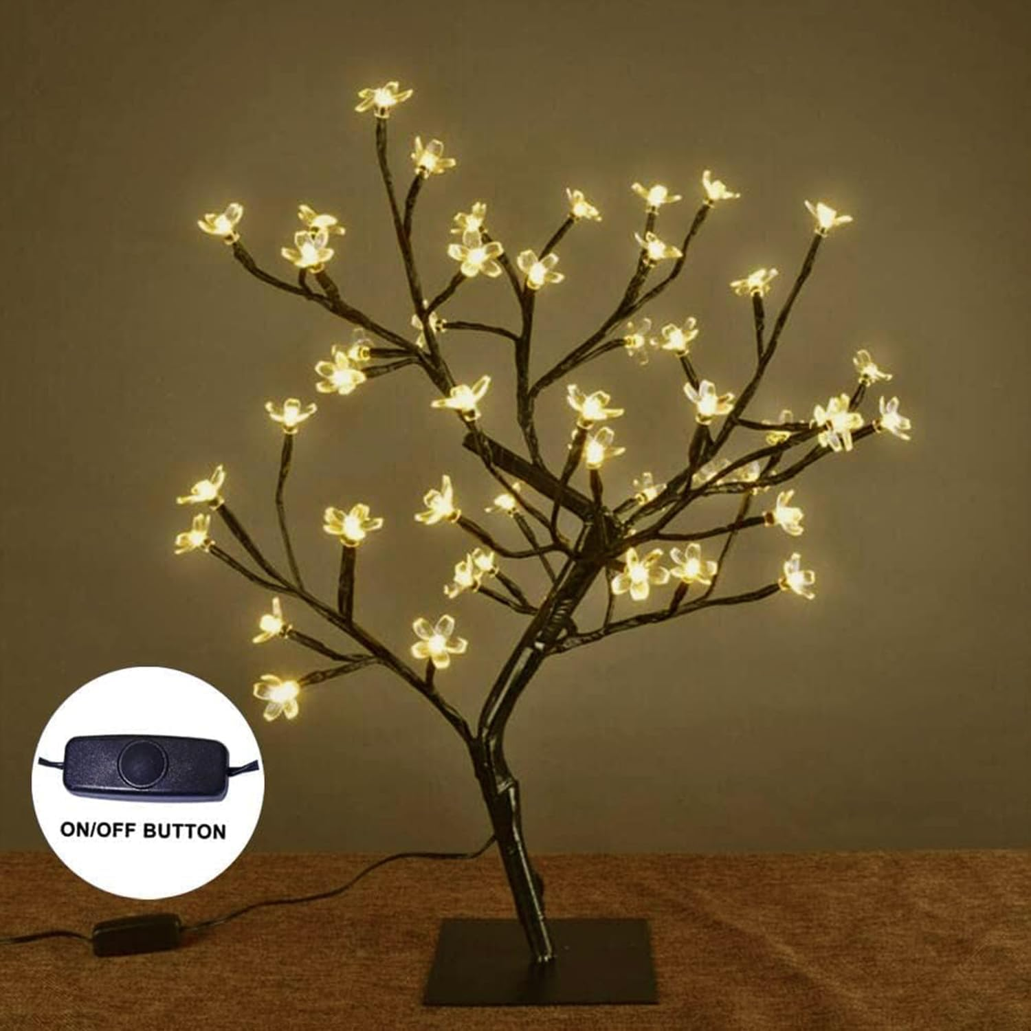 JIUSEGE 17 Inch Cherry Blossom Bonsai Tree with 48 LED Lights &ndash; Metal Base, Warm White Lights &ndash; Ideal Night Light, Bedside Table Lamp, Fairy Lights for Kids Room, Holiday & Christmas Decor