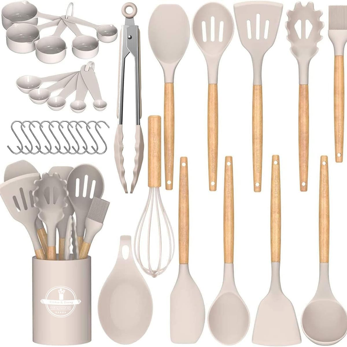 Kitchen Utensil Set（33- Piece）,446&deg;F Heat Resistant, Non-Stick Cookware,Multi Functional Silicone Cooking Utensils Set with Wooden Handles for Cooking, Baking（Khaki） image number 4