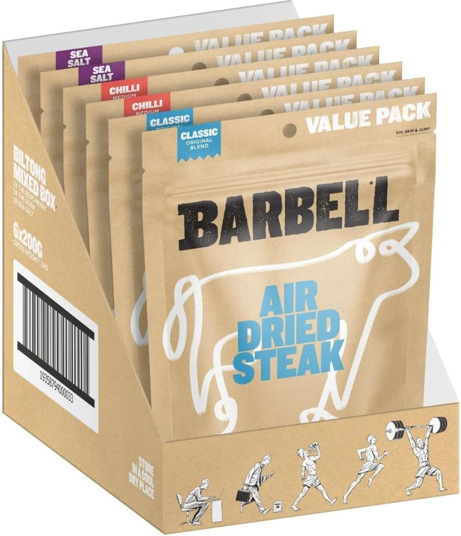 Barbell Biltong Air Dried Steak, Mixed Box, 6X200G Bags, Grass-Fed Beef, High Protein Meat Snack image number 2