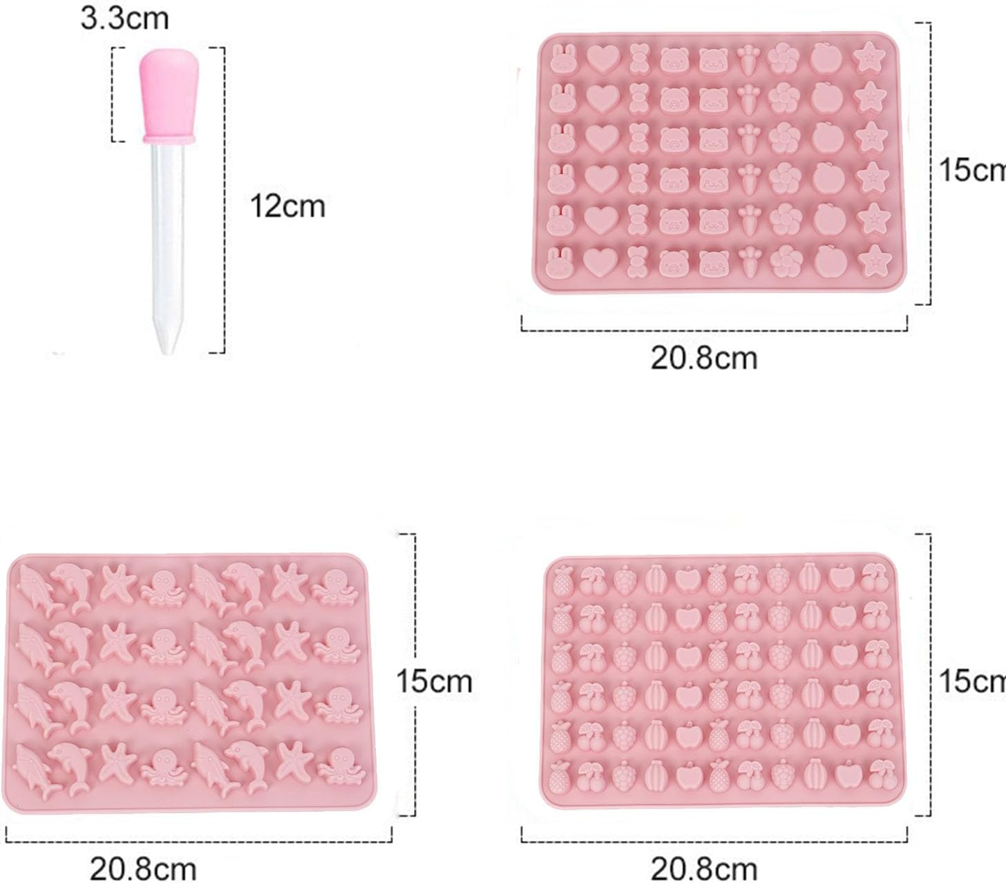 3 Pack Candy Molds Silicone,Fruit Snack Molds,Cute Object and Marine Animals,Non-Stick Silicone Candy Molds Reusable Nonstick Chocolate Molds with 2 Droppers image number 6