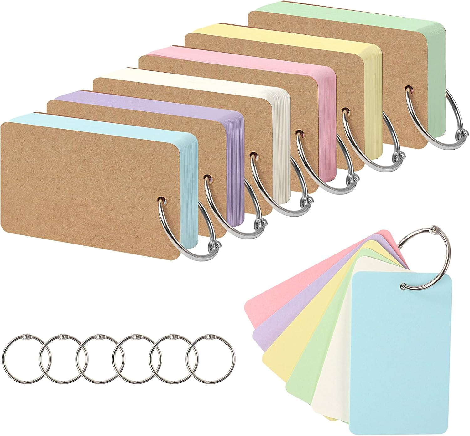 300 Pcs Blank Flash Cards with Binder Rings, 3.54 * 2.13 Inch 6 Packs Colored Kraft Paper Revision Cards, Mini Index Cards for Home, School,Office Learning and Memory image number 3