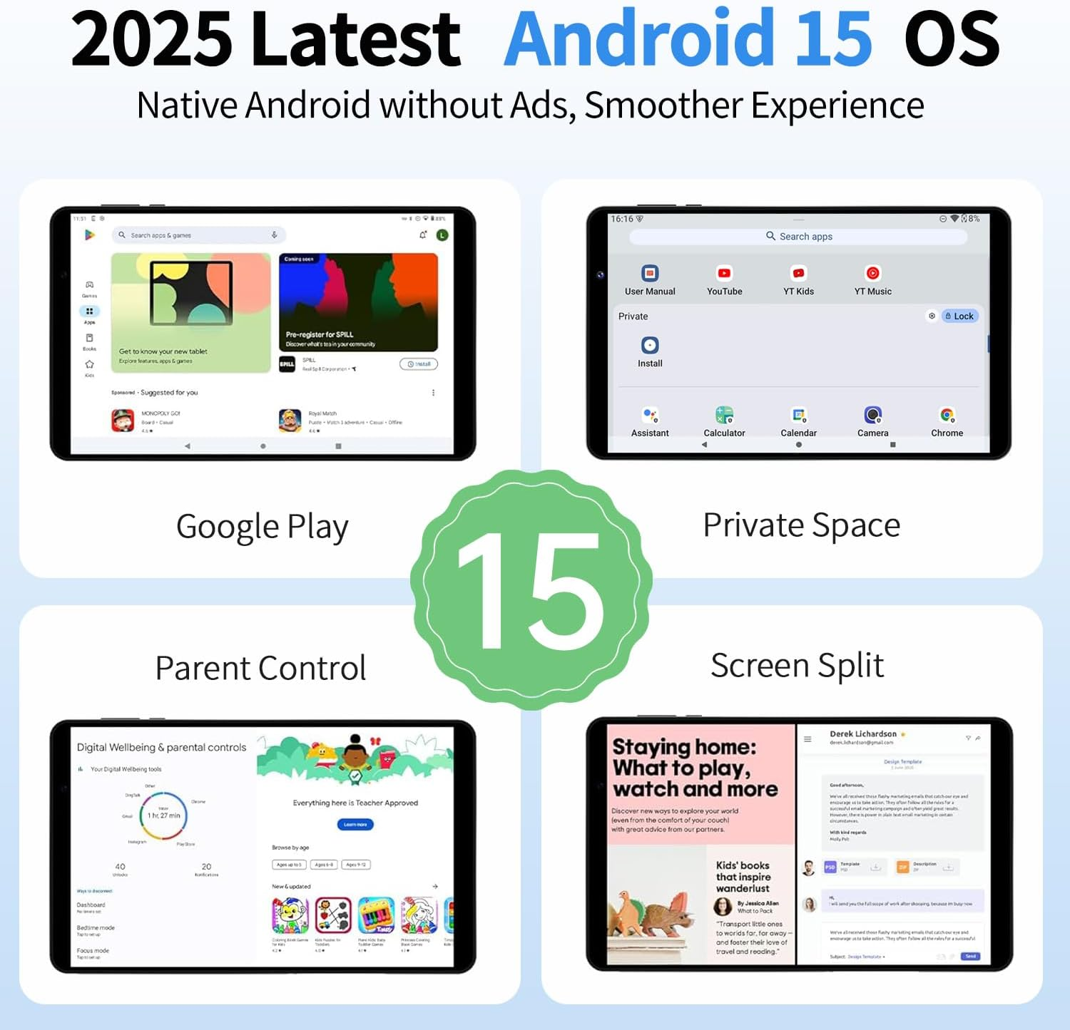 2025 Android 15 Tablet 8 Inch Tablet, Octa-Core Processor, 12GB RAM 64GB ROM 2TB Expandable, 1280 * 800 IPS HD Screen, Wifi6, BT5.4, Widevine L1, 5MP+8MP Dual Camera Tableta - Grey - Black image number 4