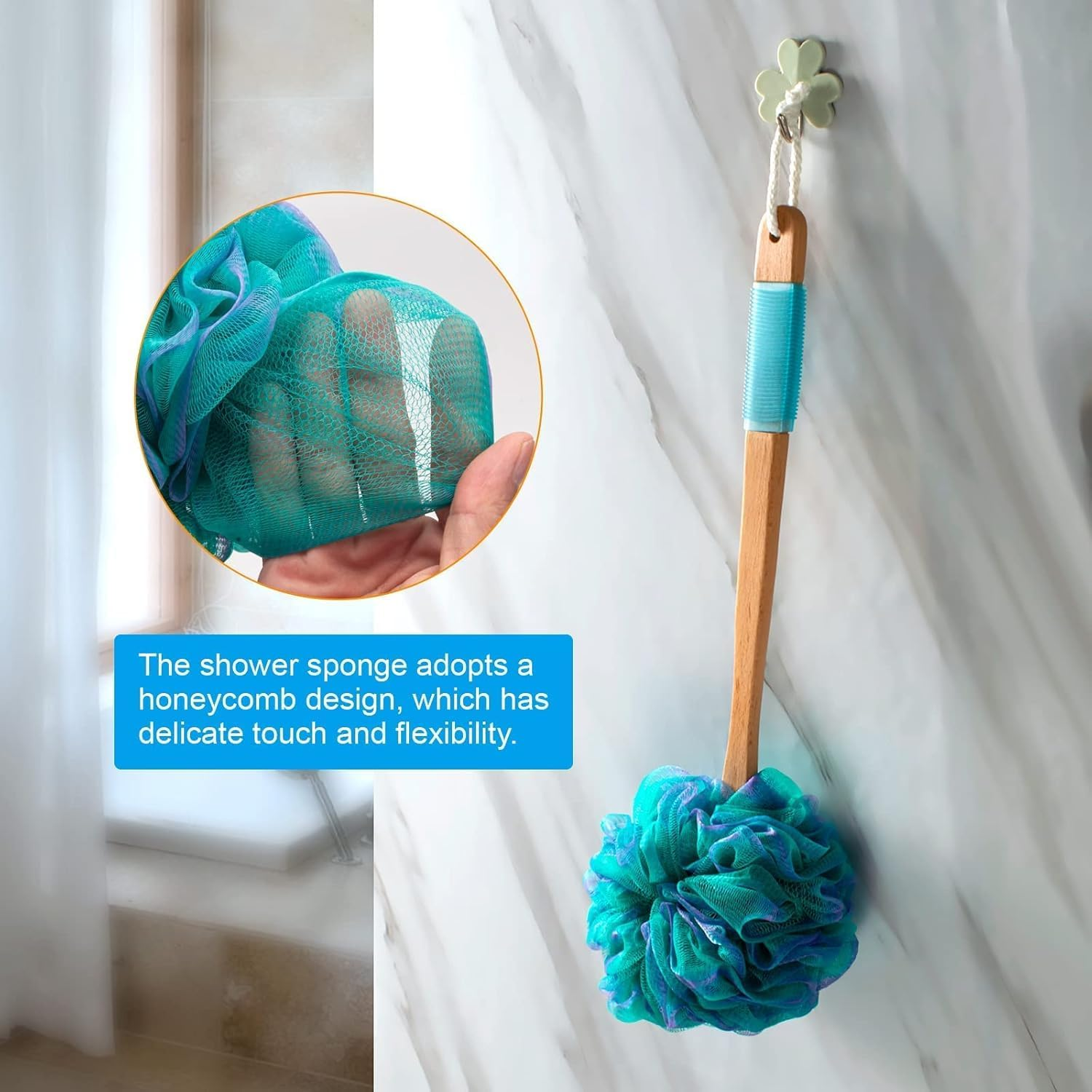 Shower Sponge Loofah Back Scrubber, PE Soft Mesh Loofah Body Scrubber with Long Wooden Handle, Bath Sponge for Men Women (Green) image number 5