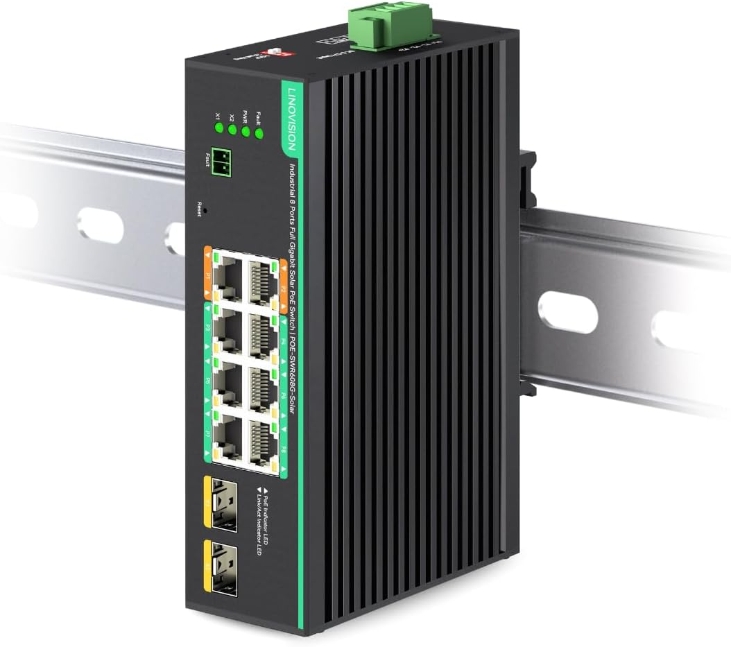 LINOVISION Industrial 8 Ports Full Gigabit Poe Switch Support DC 8~57V Input, 24V / 12V Poe Switch for Solar or RV UPS System, 2 High Poe+ Ports for Big PTZ Cameras or Wireless Aps. NDAA Compliant image number 3