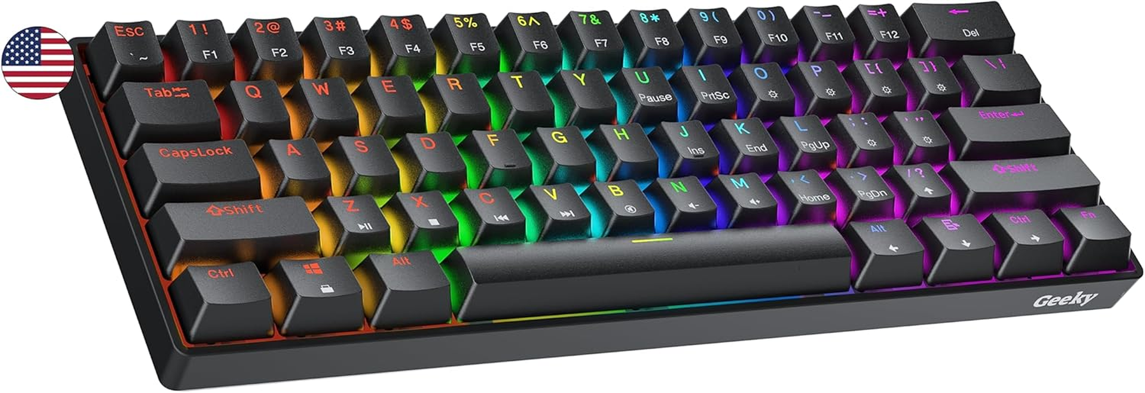 Geeky GK61 60% | Hot Swappable Mechanical Gaming Keyboard | 61 Keys Multi Color RGB LED Backlit for Pc/Mac Gamer | ANSI US American Layout (Black, Mechanical Speed Yellow)