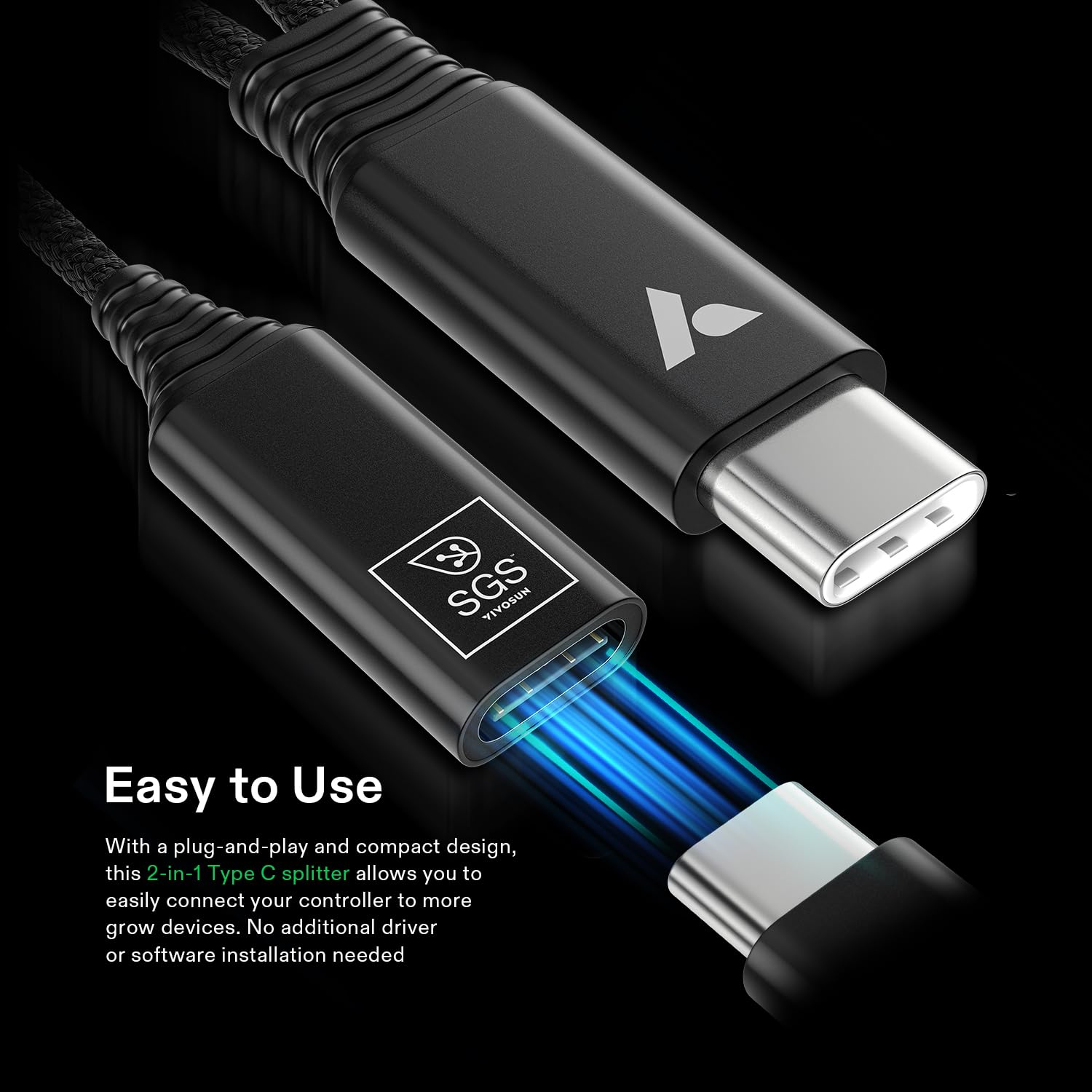VIVOSUN USB-C Splitter with 1 Male to 2 Female, 2-In-1 Type C Splitter, Daisy-Chain Adapter Dongle for Growhub Controller E42A image number 4